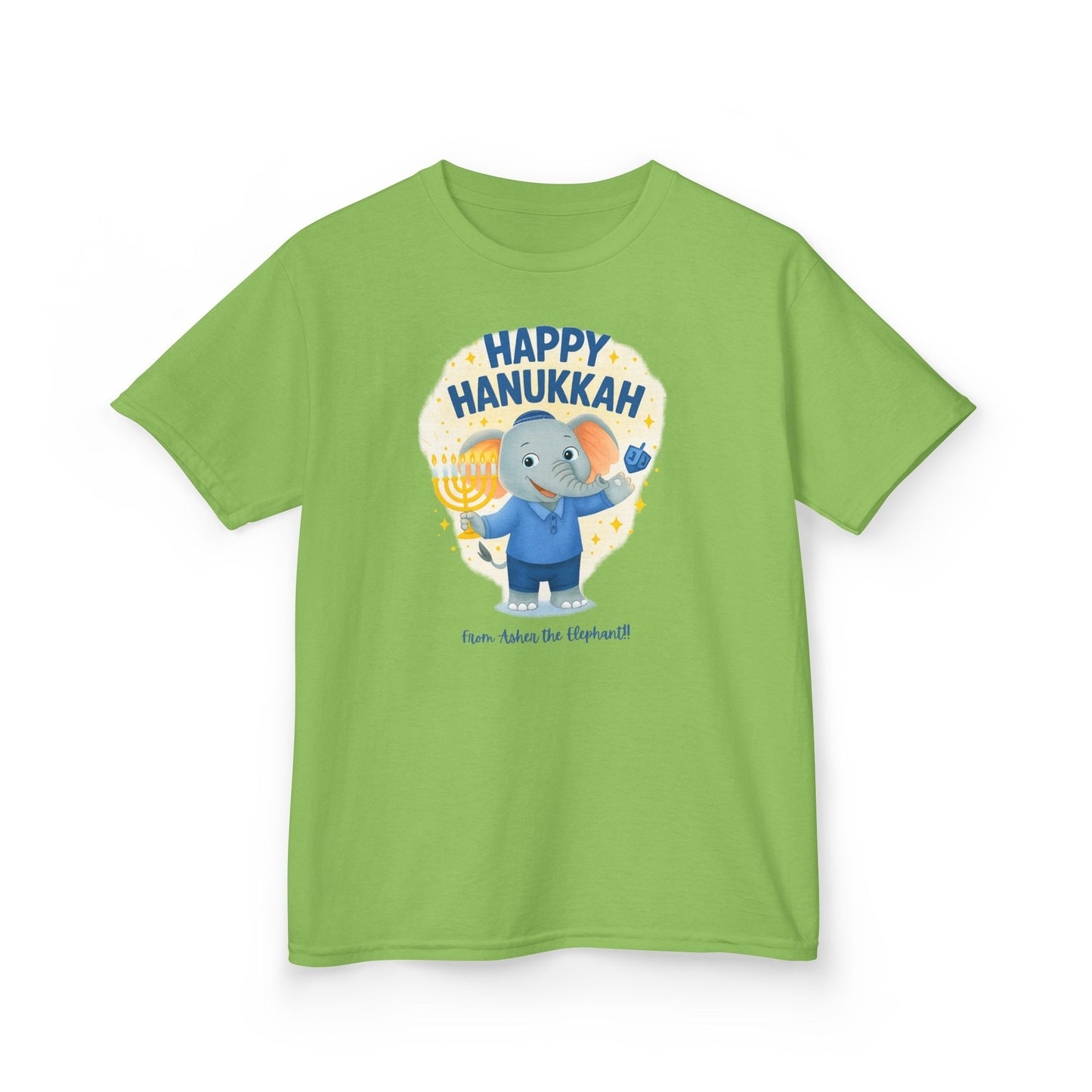 Happy Hanukkah Asher the Elephant Kids Tshirt (Standing Logo)