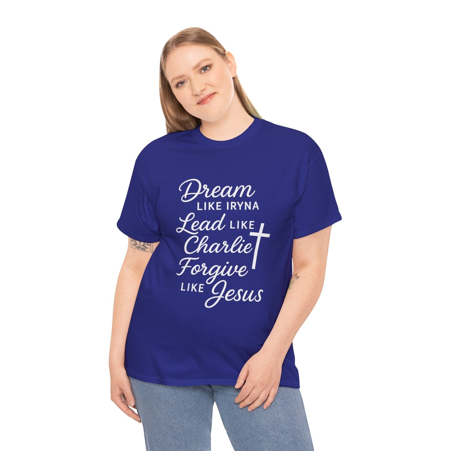 Dream, Lead, Forgive Women's Relaxed Heavy Cotton Tshirt (White Logo)