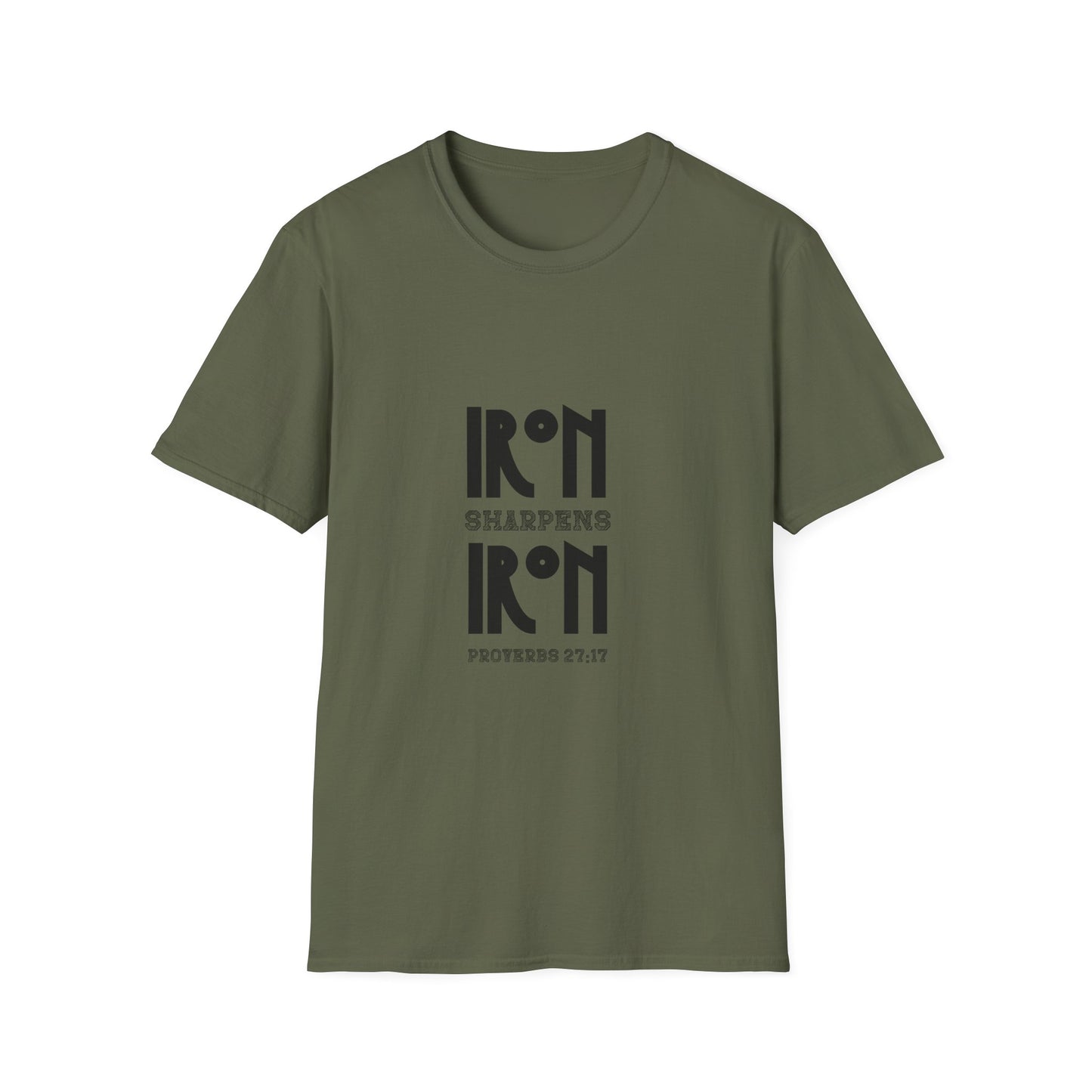 "Iron Sharpens Iron" Bible Verse Christian Inspirational Softstyle Tshirt (Black Logo)