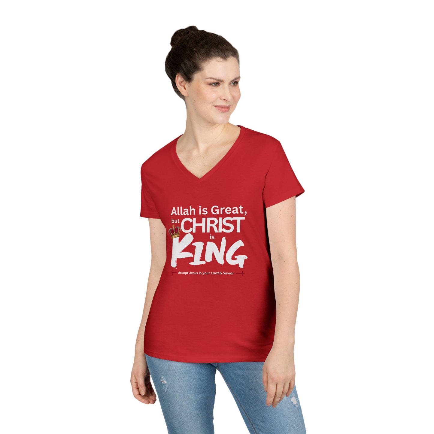 "Christ is King" Women's V-Neck Tshirt (Great Logo - White) - Sweet Baby Jeez Teez