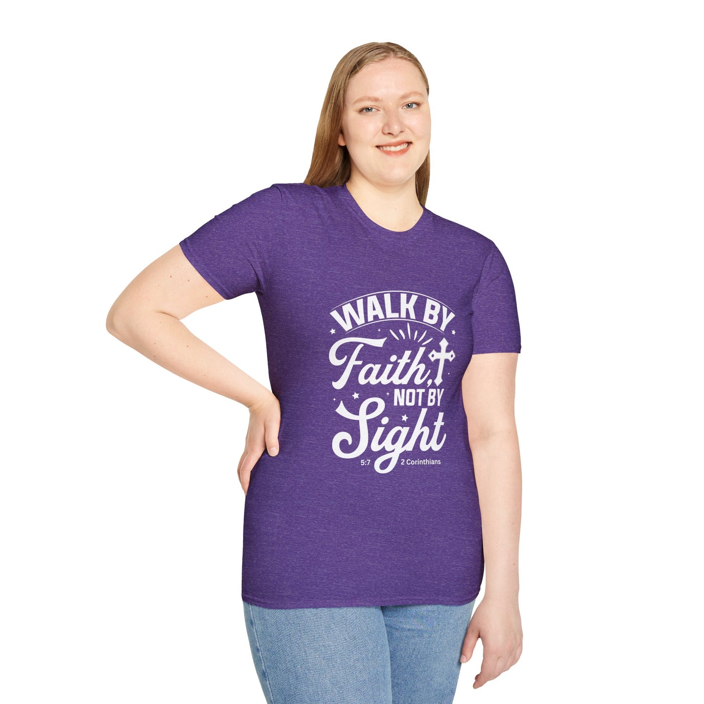 Walk by Faith 2 Corinth. 5:7 Bible Verse Christian Softstyle Tshirt (White Logo)