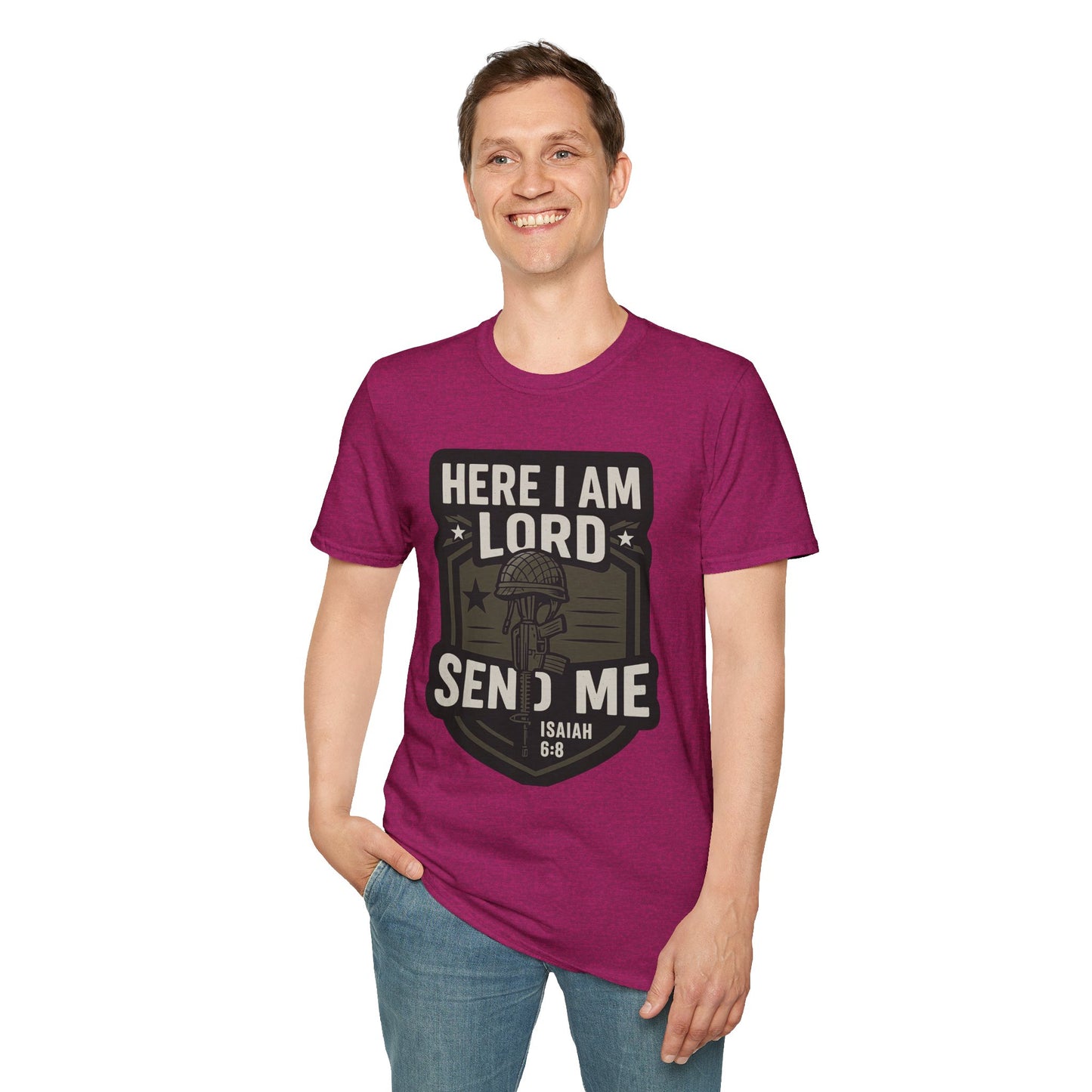 "Here I Am Lord Send Me" Bible Verse Inspirational Faith T-Shirt (Military Logo)