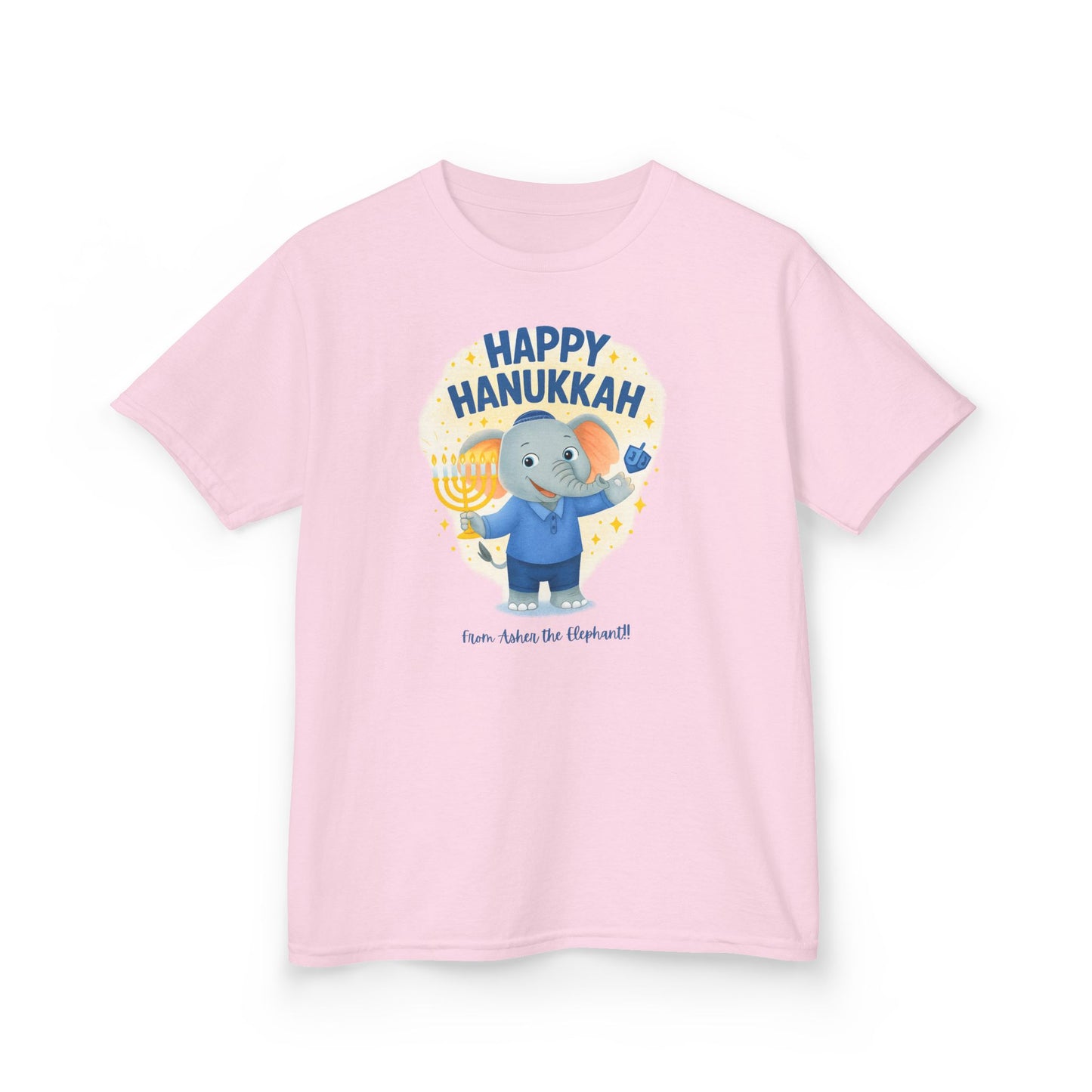 Happy Hanukkah Asher the Elephant Kids Tshirt (Standing Logo)