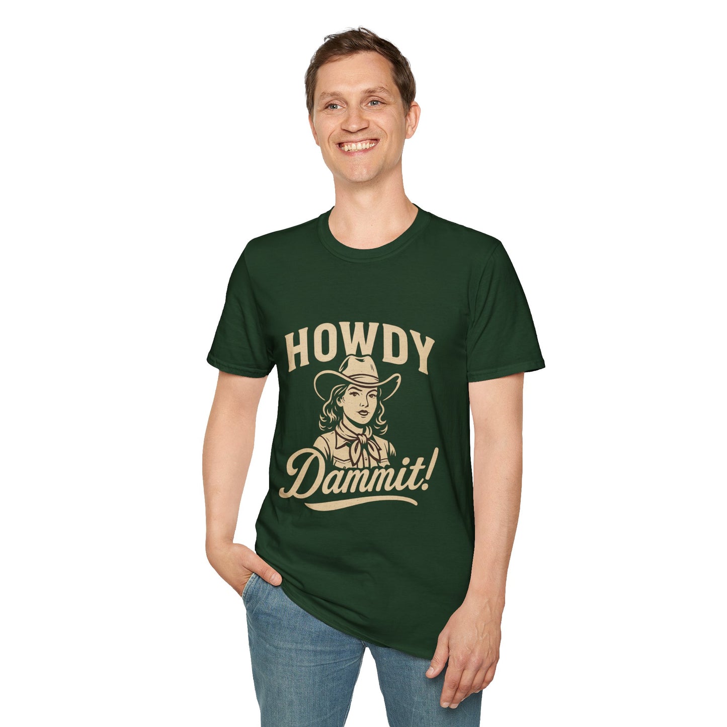 Howdy Dammit! Aggie Texas Cowgirl Softstyle Tshirt (Gold Logo)