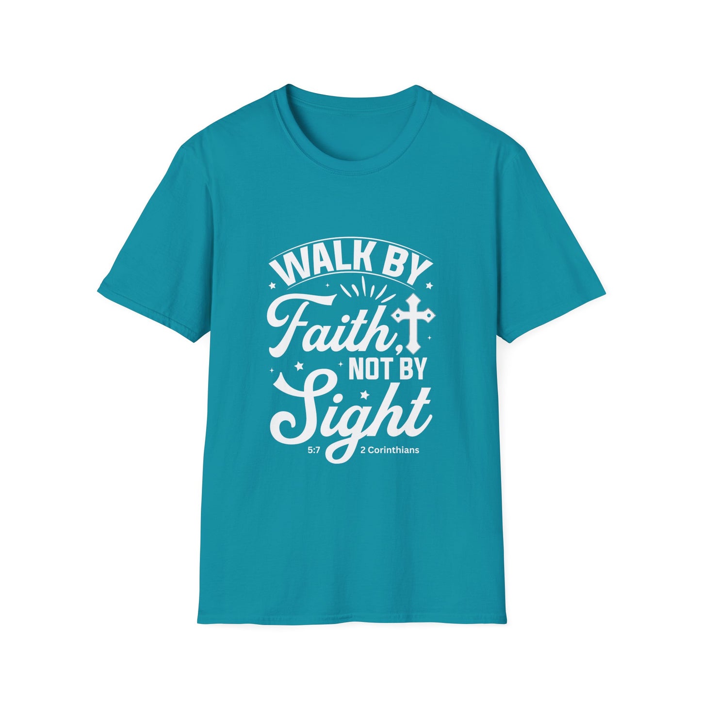 Walk by Faith 2 Corinth. 5:7 Bible Verse Christian Softstyle Tshirt (White Logo)