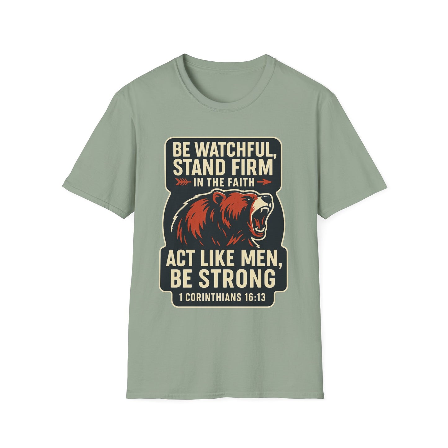 "Stand Firm in Faith" Bear Bible Verse Softstyle Tshirt