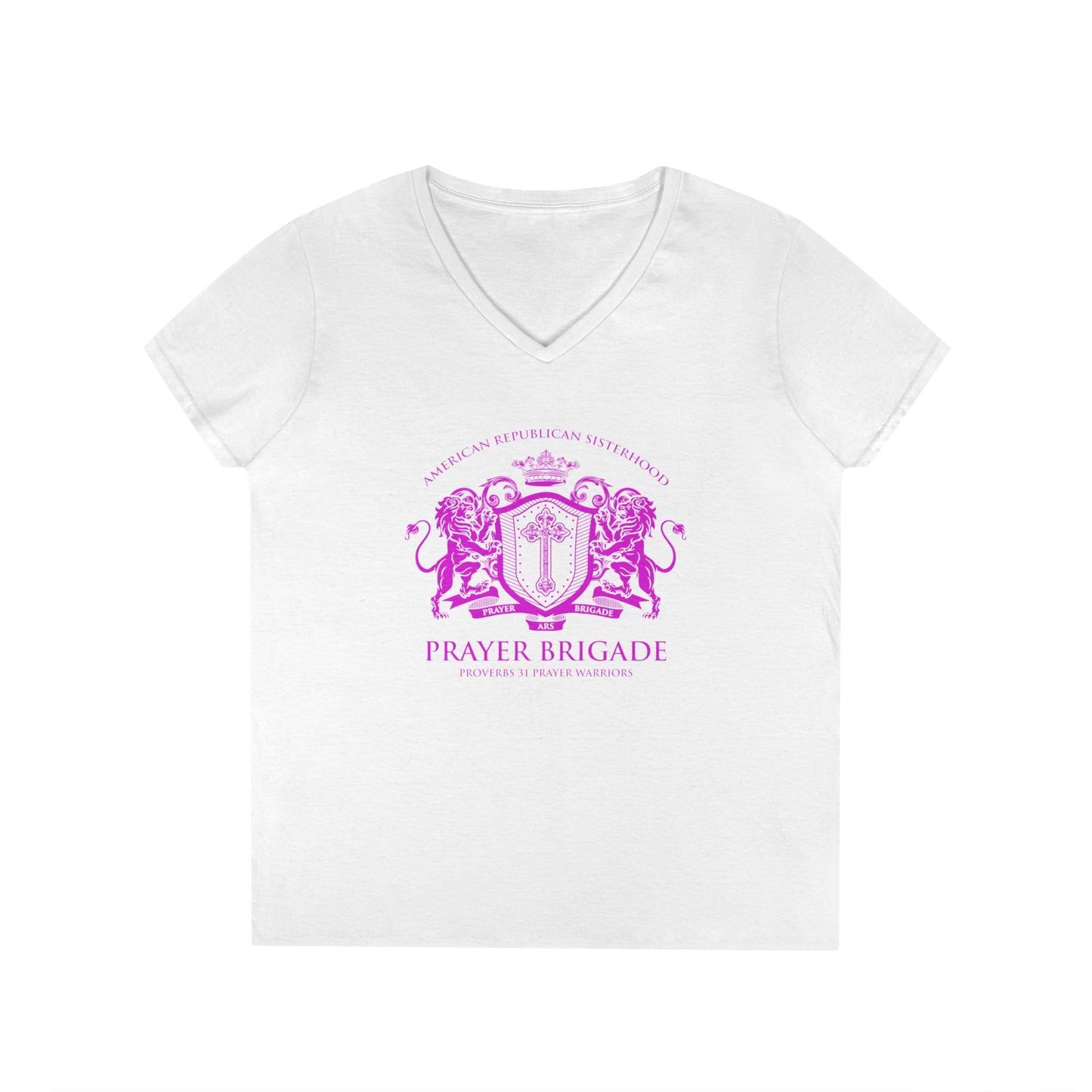 ARS Prayer Brigade Ladies' V-Neck T-Shirt (Dark Gray with Hot Pink Logo)