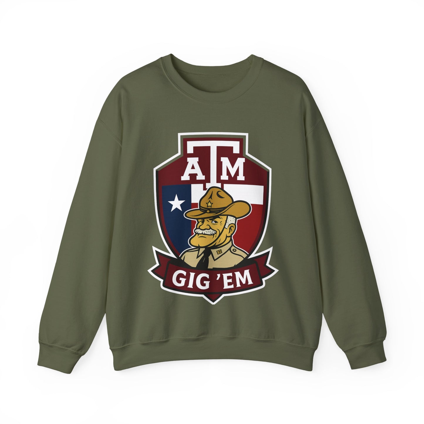 Gig 'Em Aggies Old Sarge Crest Texas A&M Soft Cozy Sweatshirt (Texas Flag Logo 1)
