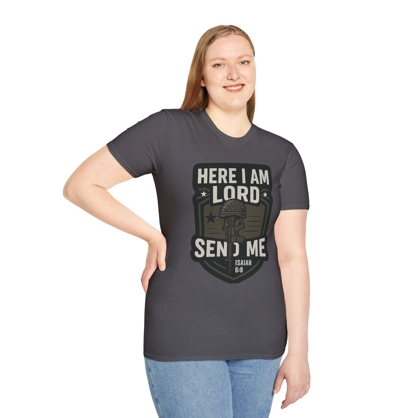 "Here I Am Lord Send Me" Bible Verse Inspirational Faith T-Shirt (Military Logo)