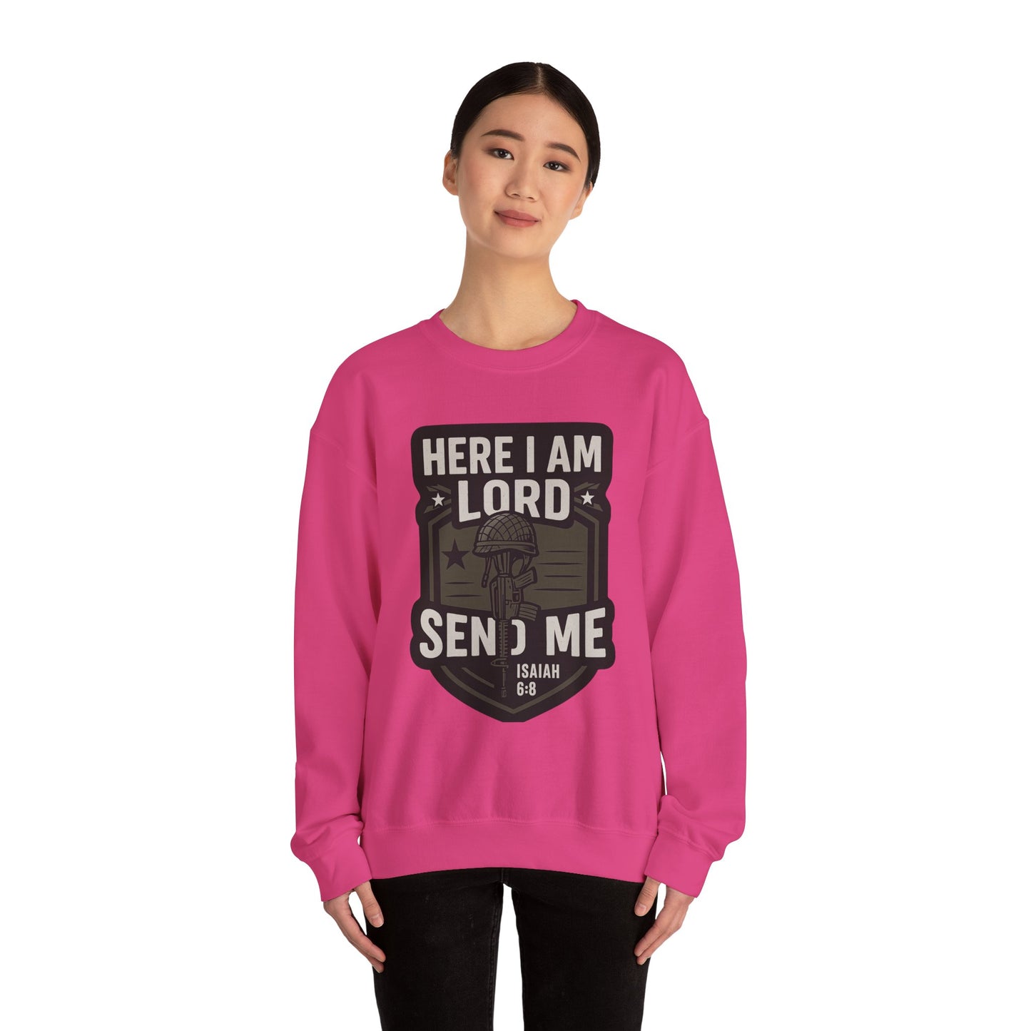 "Here I Am Lord Send Me" Bible Verse Inspirational Faith Sweatshirt (Military Logo)