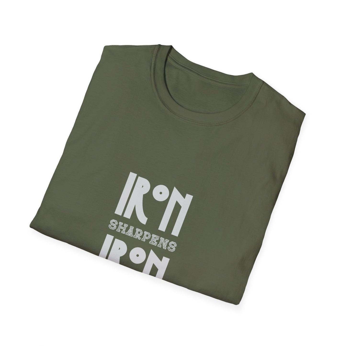 "Iron Sharpens Iron" Bible Verse Christian Inspirational Softstyle Tshirt (Gray Logo)
