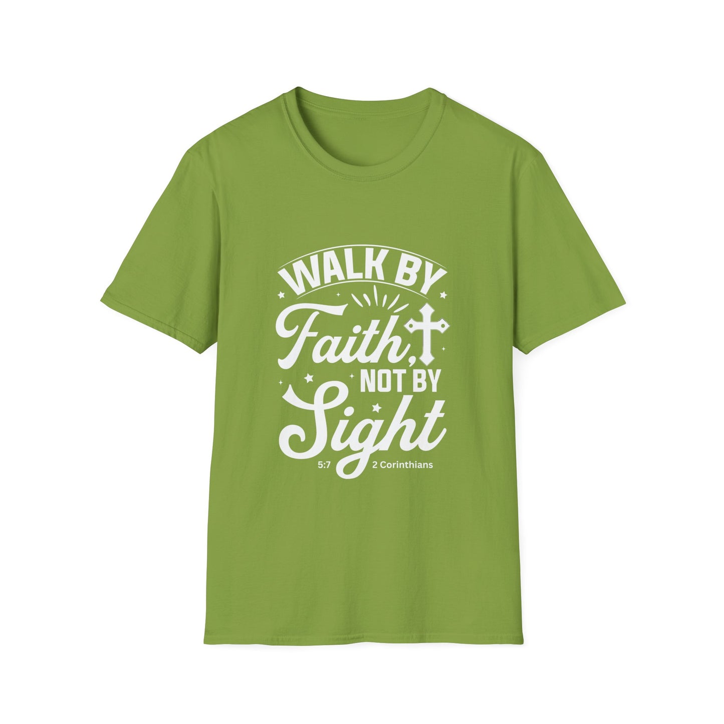 Walk by Faith 2 Corinth. 5:7 Bible Verse Christian Softstyle Tshirt (White Logo)