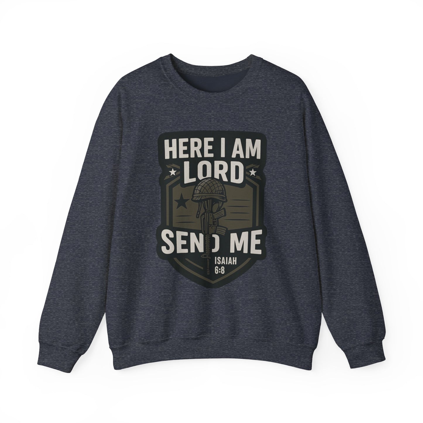 "Here I Am Lord Send Me" Bible Verse Inspirational Faith Sweatshirt (Military Logo)