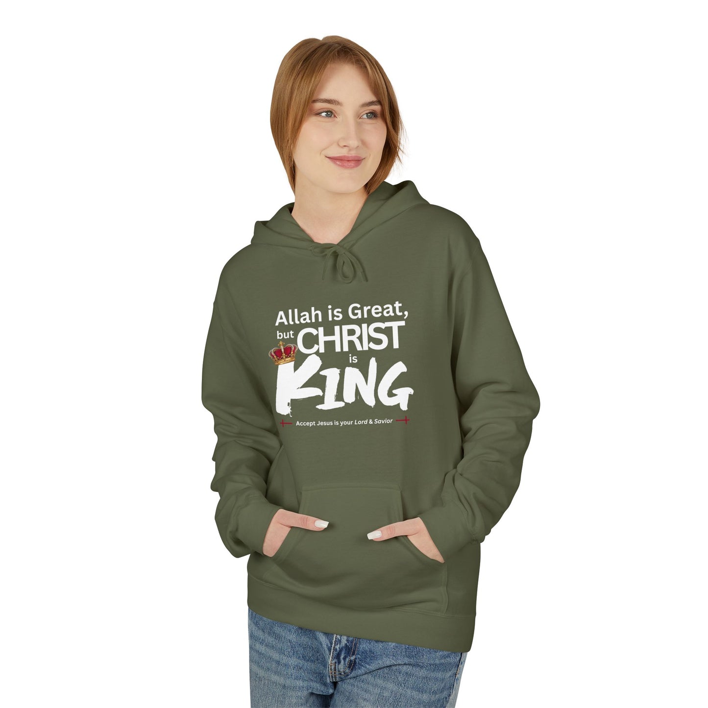 "Christ is King" Cozy Unisex Fleece Hoodie (Great Logo - White) - Sweet Baby Jeez Teez