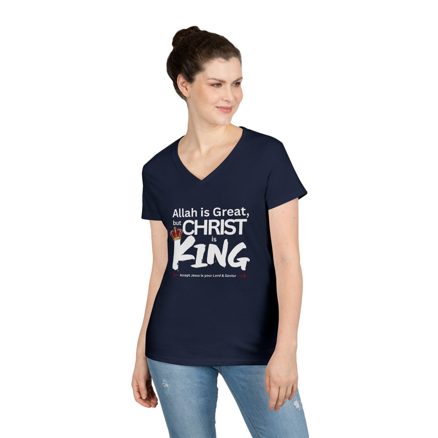 "Christ is King" Women's V-Neck Tshirt (Great Logo - White) - Sweet Baby Jeez Teez