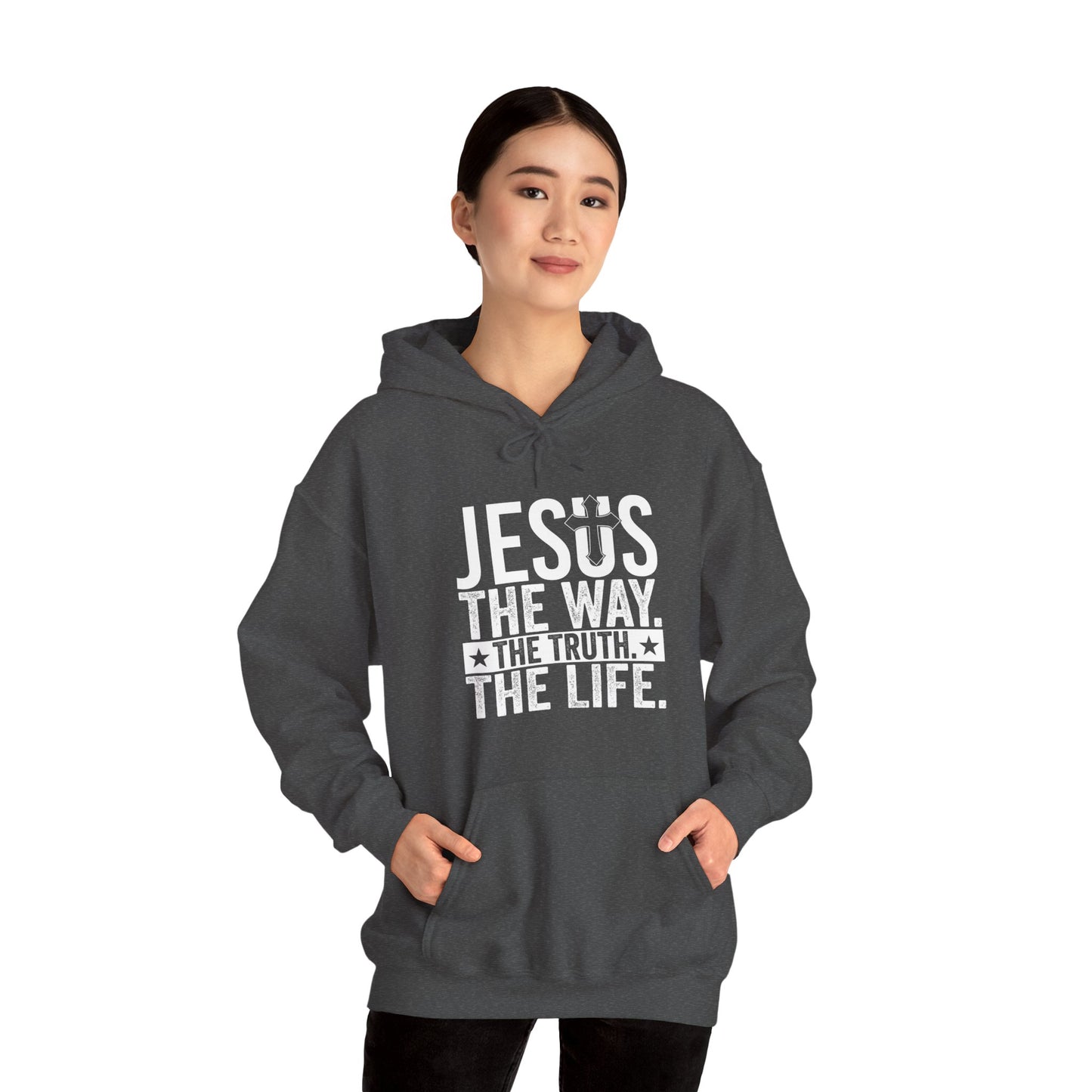 "Jesus The Way, The Truth, The Life" Heavy Fleece Unisex Hoodie (White Logo)