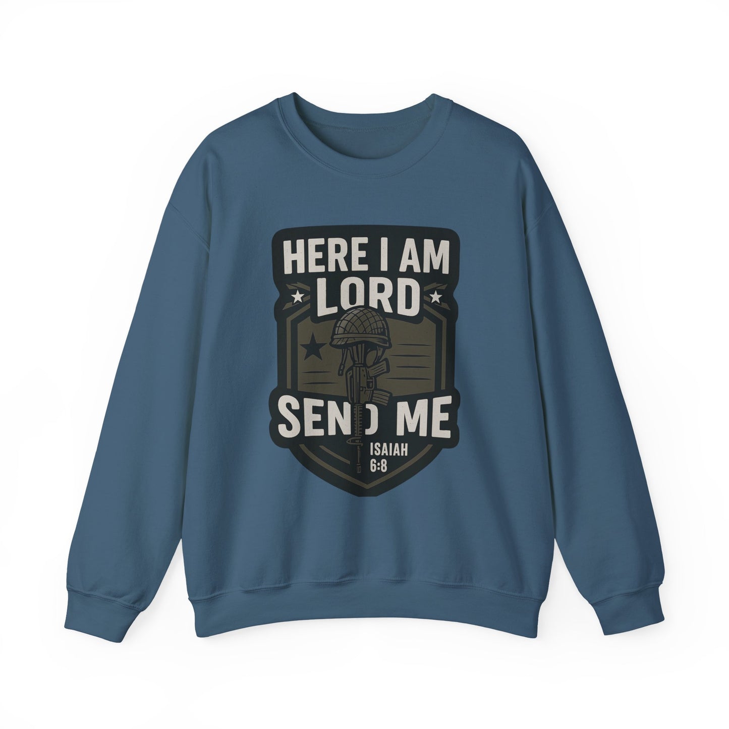 "Here I Am Lord Send Me" Bible Verse Inspirational Faith Sweatshirt (Military Logo)