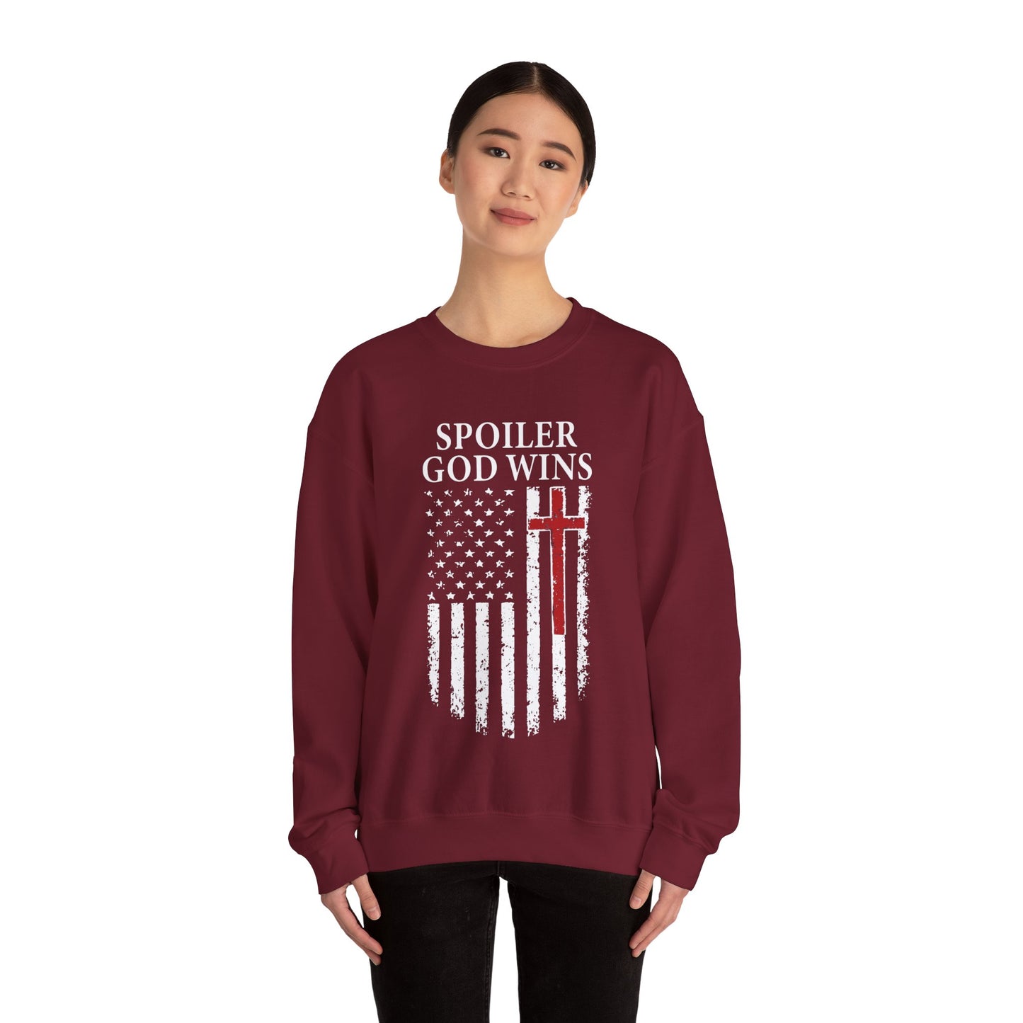 "Spoiler God Wins" Christian Unisex Cozy Sweatshirt