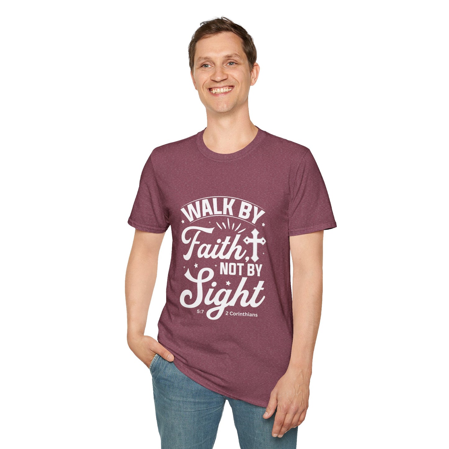 Walk by Faith 2 Corinth. 5:7 Bible Verse Christian Softstyle Tshirt (White Logo)