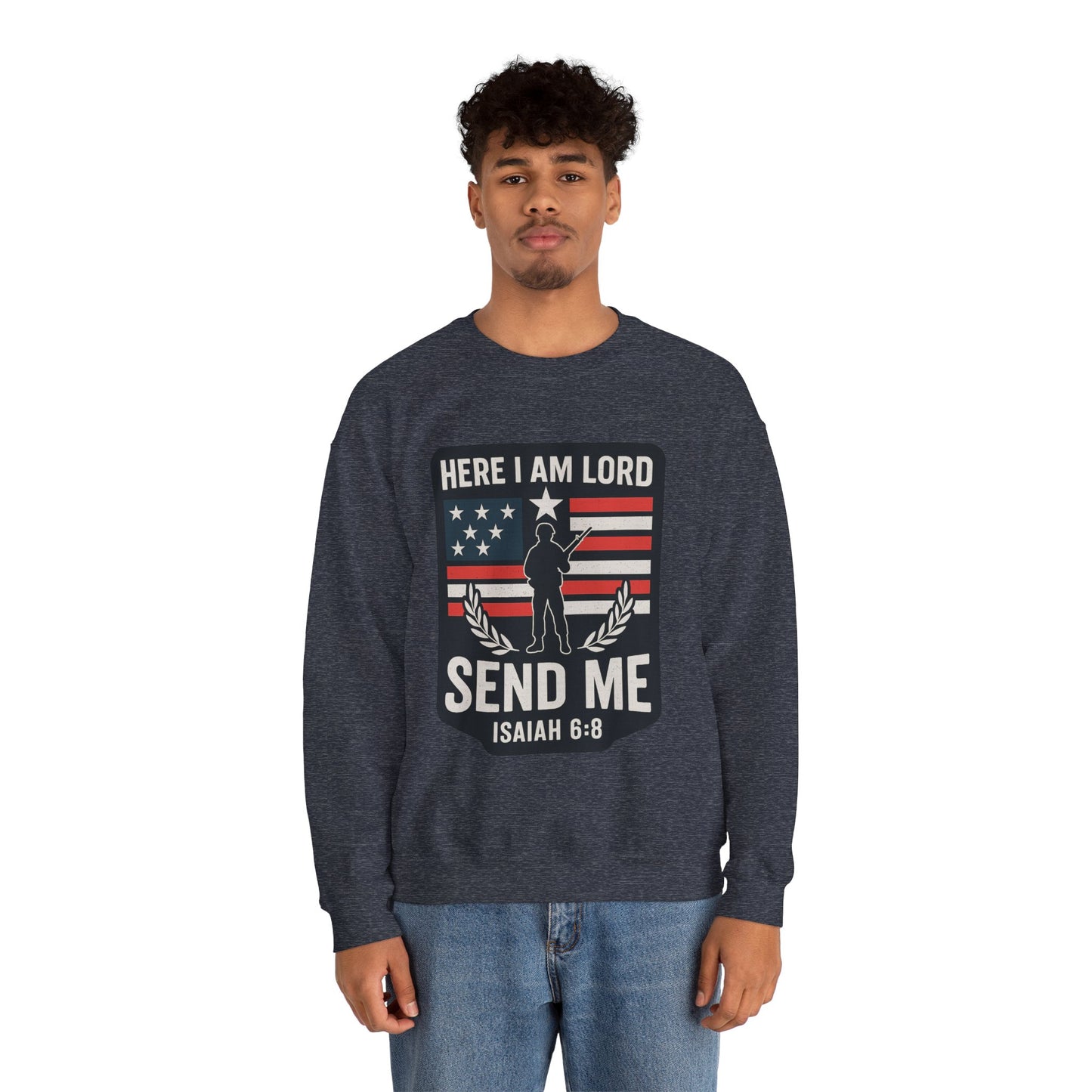 "Here I Am Lord" Isaiah 6:8 Bible Verse Christian Sweatshirt (Soldier Logo)