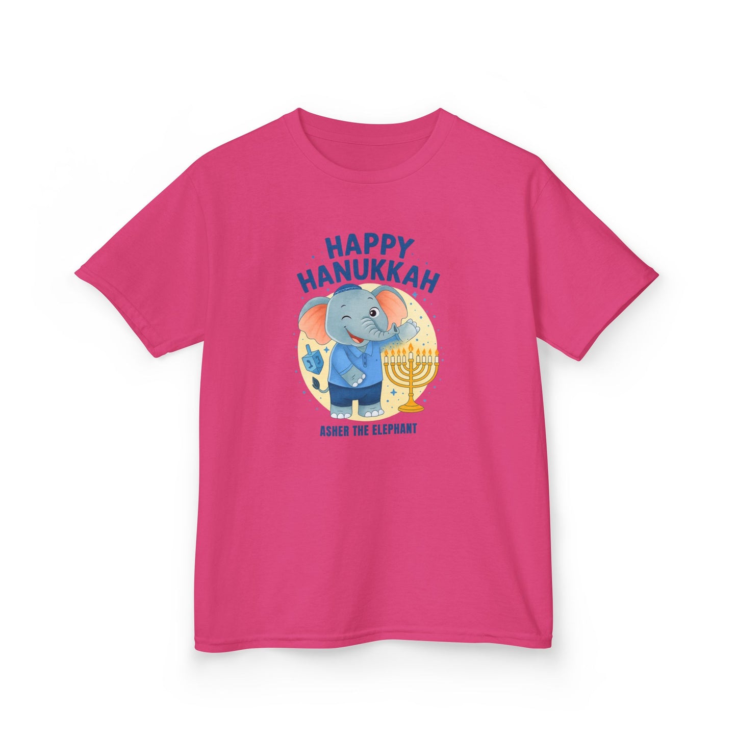Happy Hanukkah Asher the Elephant Kids Tshirt (Wink Logo)