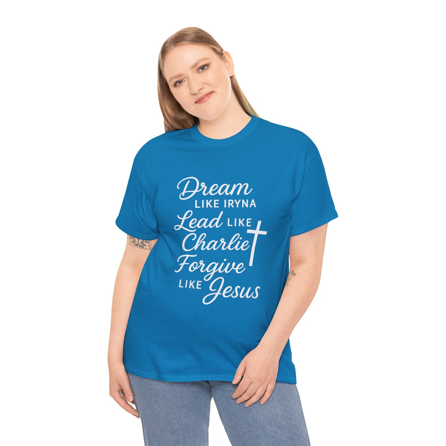 Dream, Lead, Forgive Women's Relaxed Heavy Cotton Tshirt (White Logo)