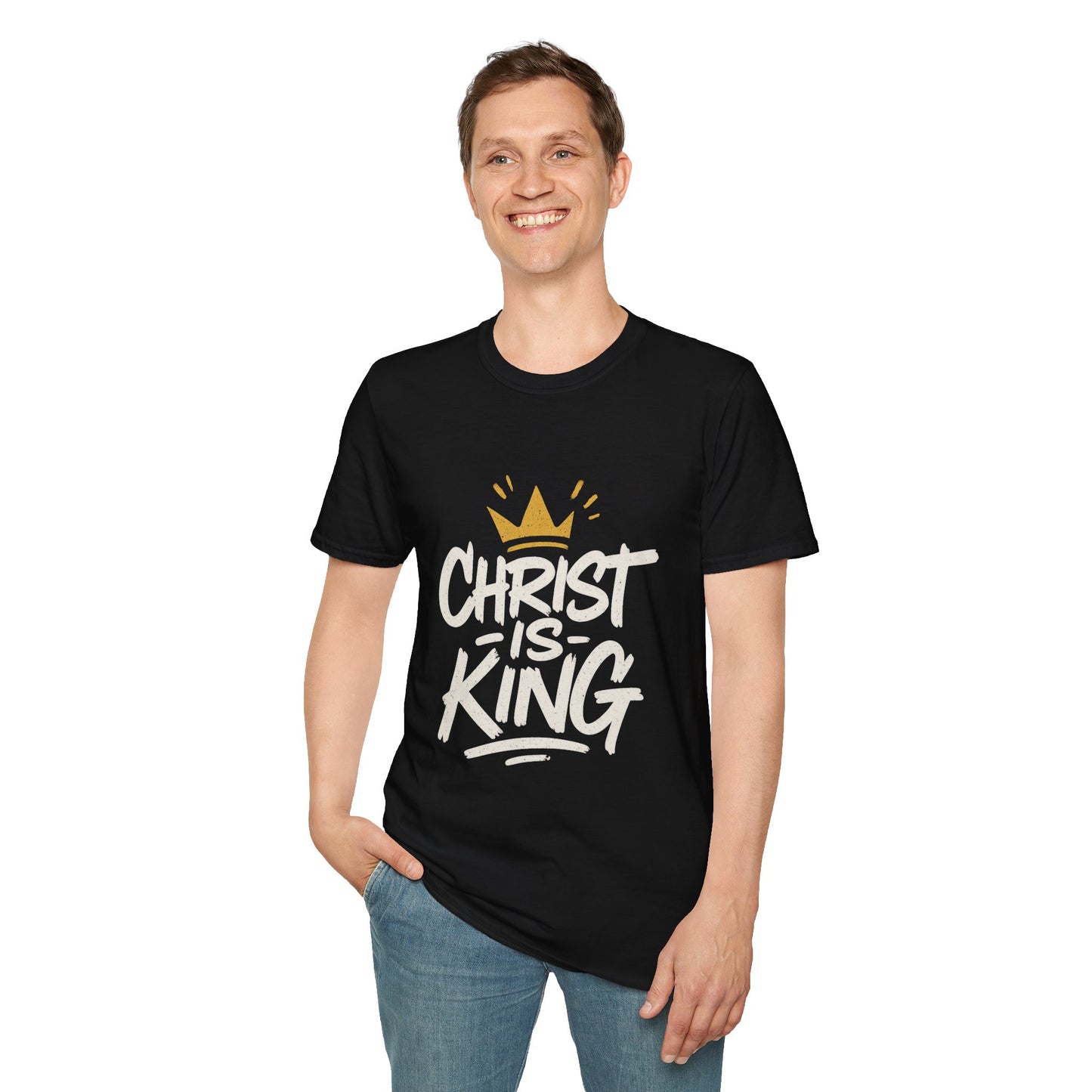 Christ is King Men's Unisex Softstyle T-Shirt (Gold Crown Logo)