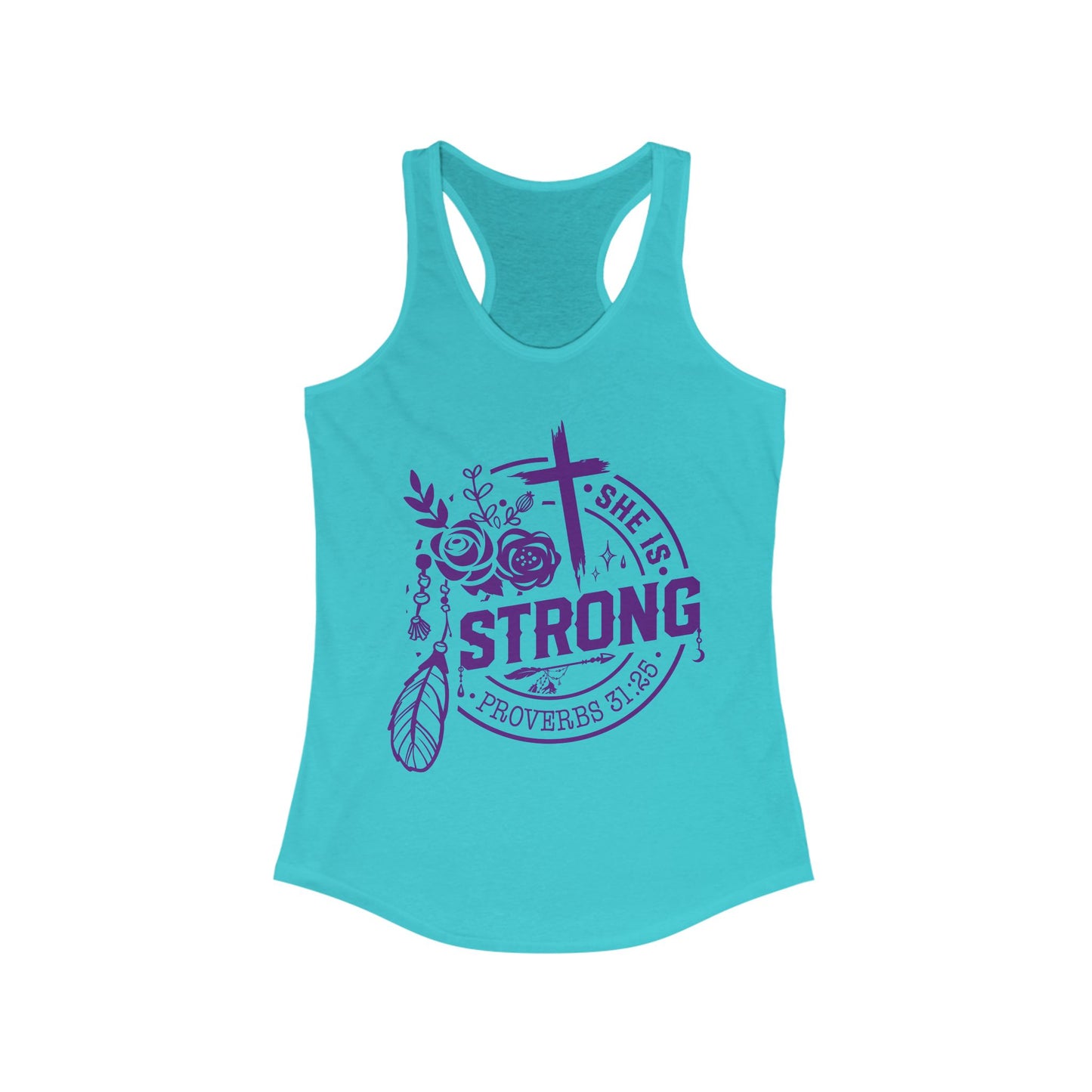 "She is Strong" Proverbs 31:25 Bible Verse Women's Racerback Tank (Plum Logo)