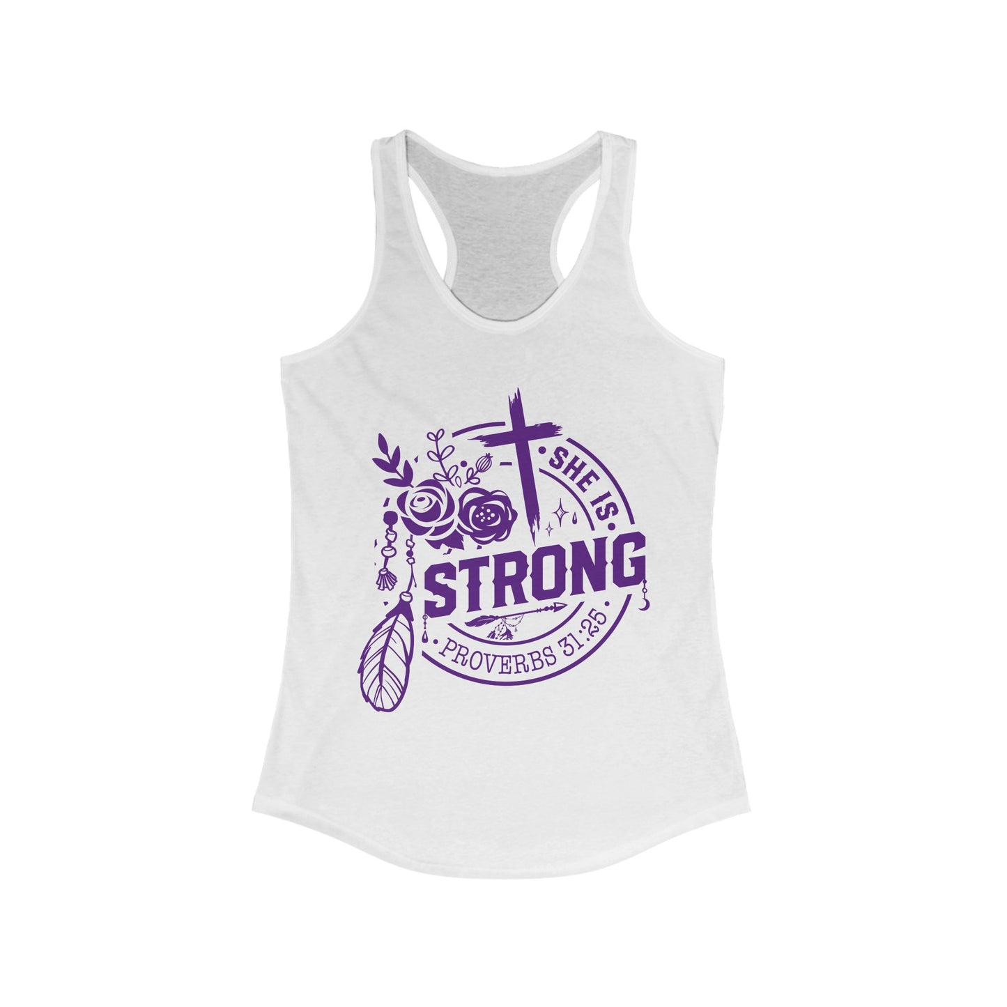 "She is Strong" Proverbs 31:25 Bible Verse Women's Racerback Tank (Plum Logo)