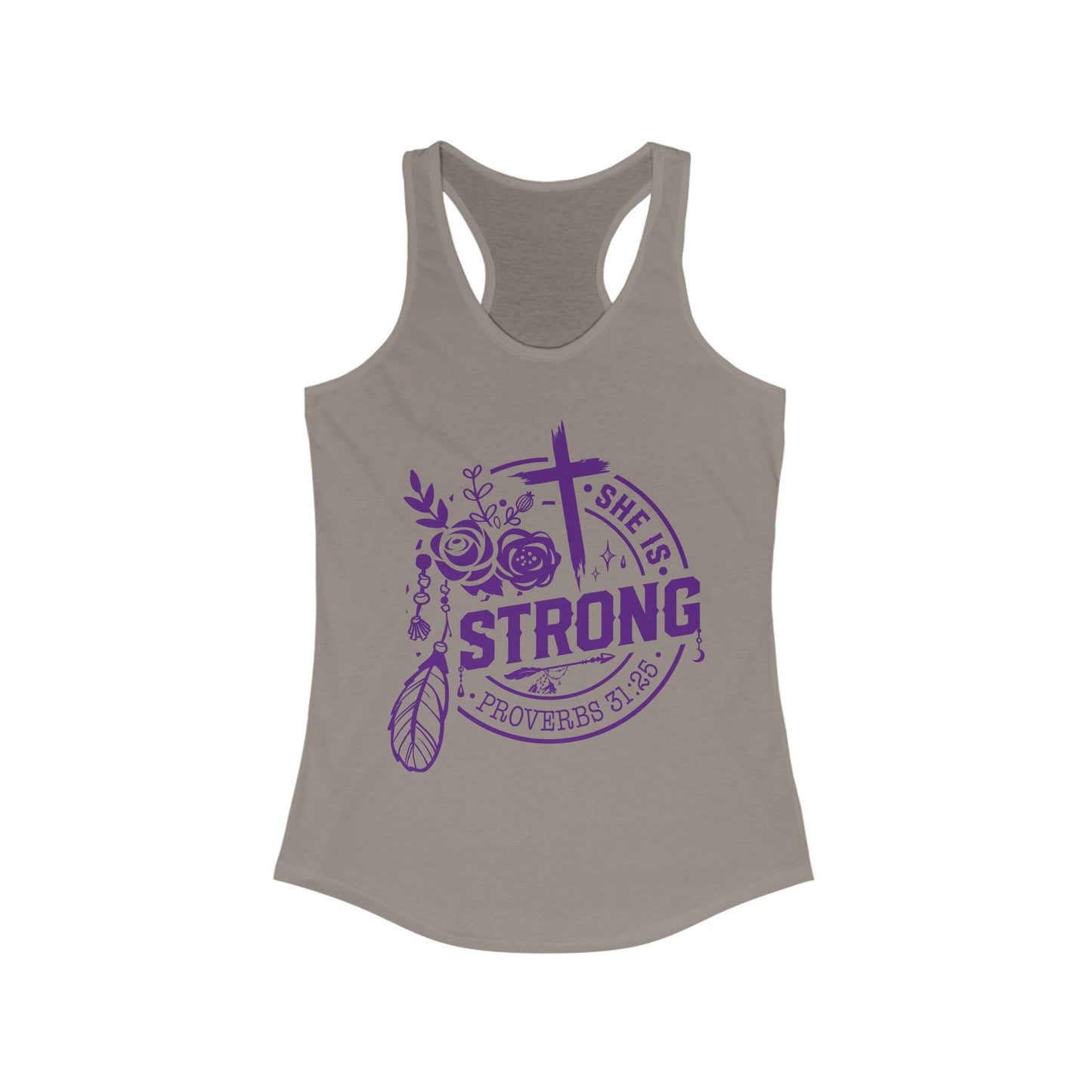 "She is Strong" Proverbs 31:25 Bible Verse Women's Racerback Tank (Plum Logo)