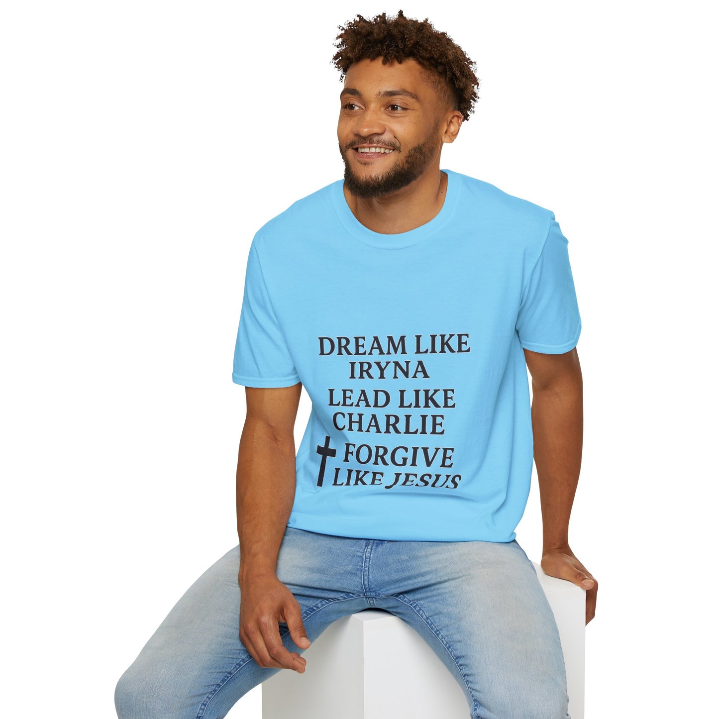 Dream, Lead, Forgive Men's Unisex Softstyle Tshirt (Black Logo)