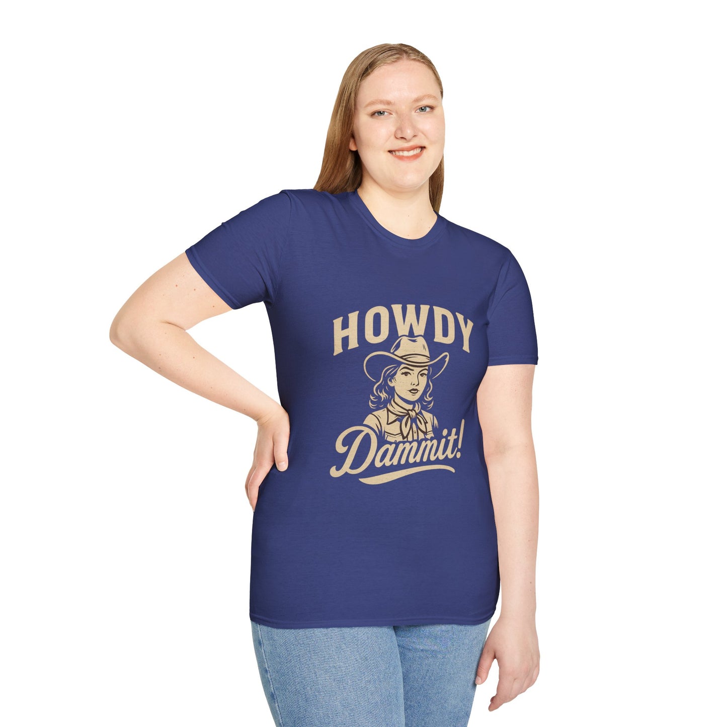 Howdy Dammit! Aggie Texas Cowgirl Softstyle Tshirt (Gold Logo)