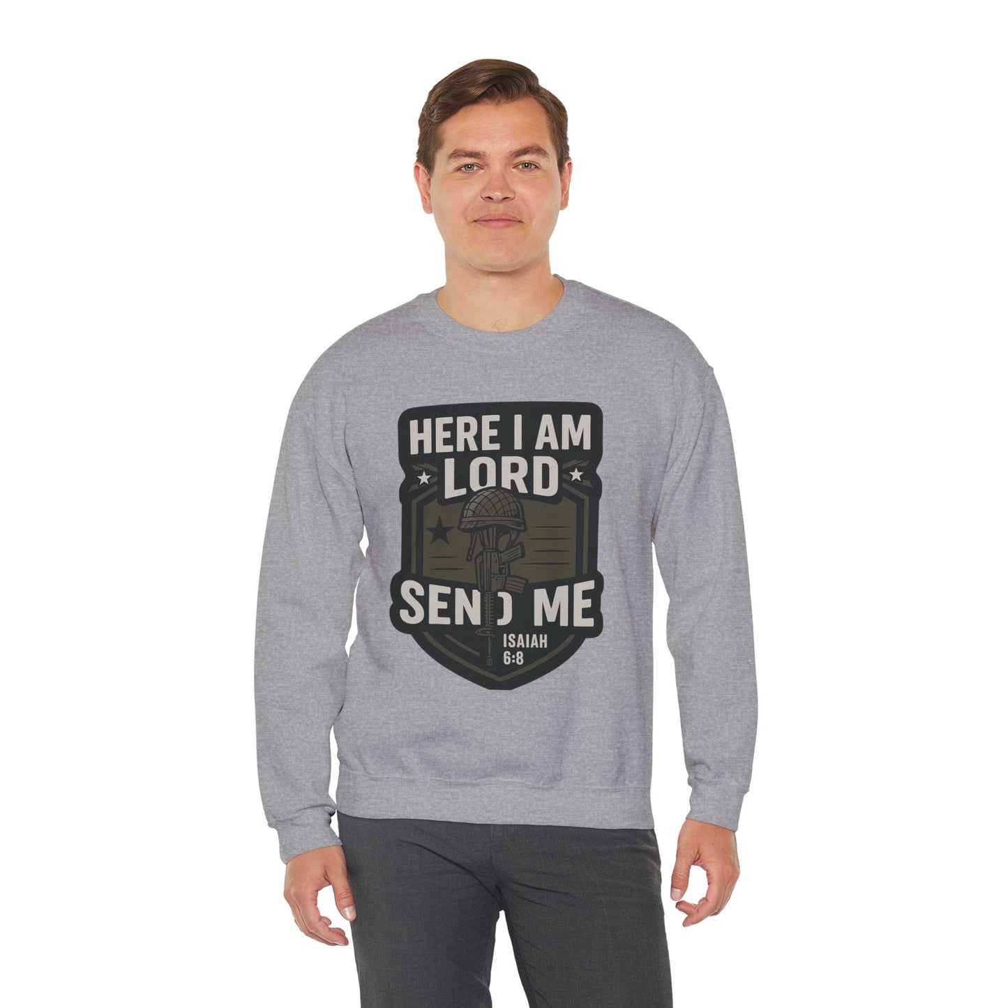 "Here I Am Lord Send Me" Bible Verse Inspirational Faith Sweatshirt (Military Logo)