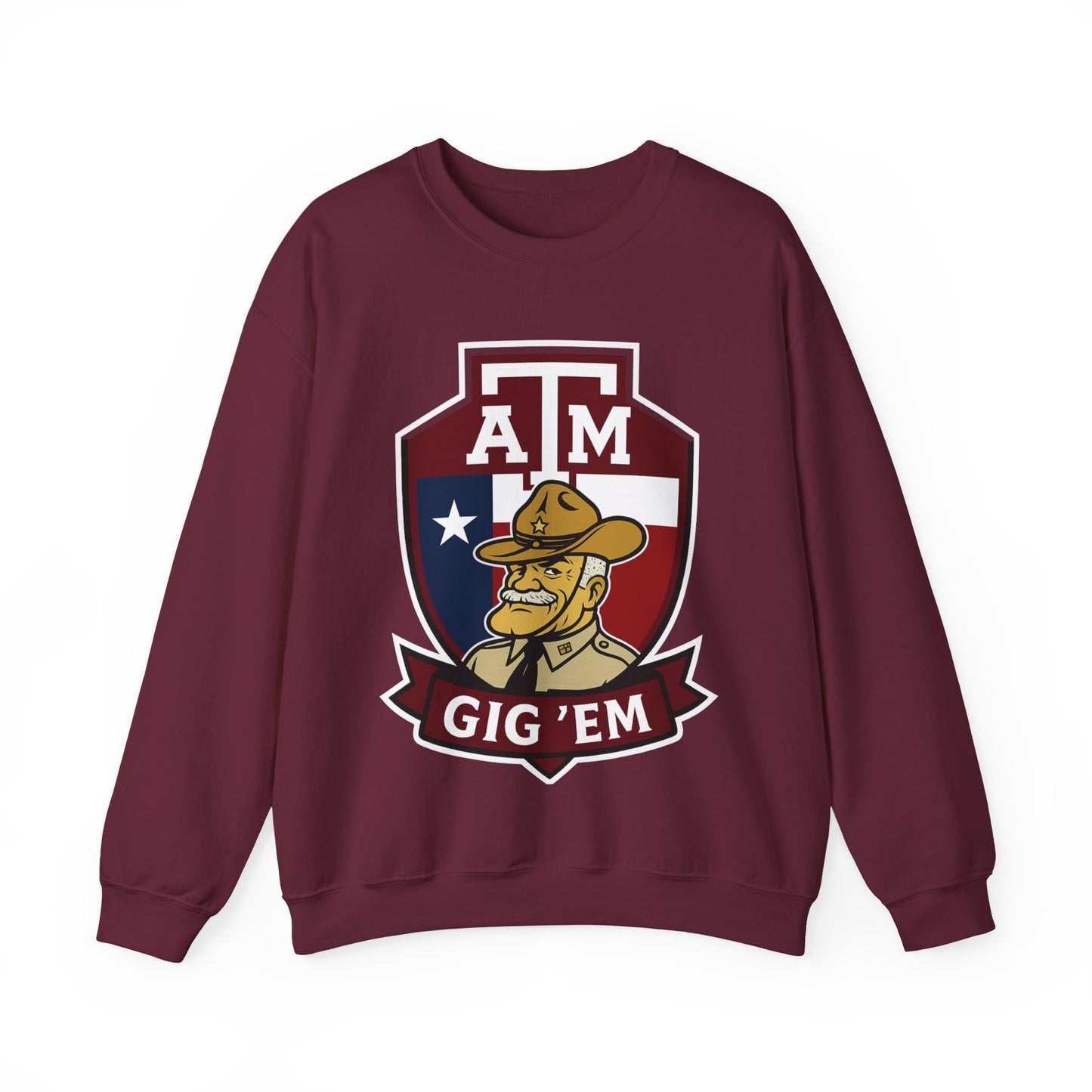 Gig 'Em Aggies Old Sarge Crest Texas A&M Soft Cozy Sweatshirt (Texas Flag Logo 1)