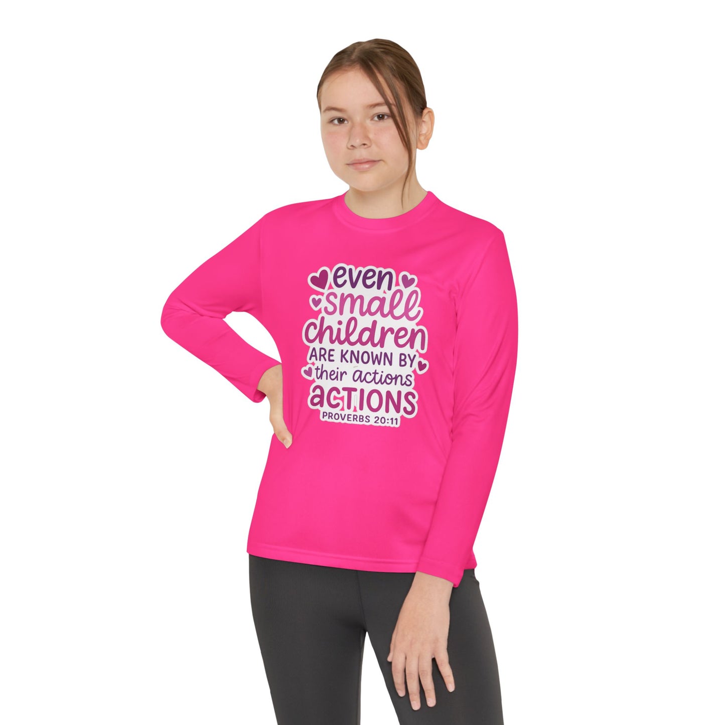 "Even Small Children" Proverbs 20:11 Girl's Bible Verse Long Sleeve Tshirt (Pink Logo)