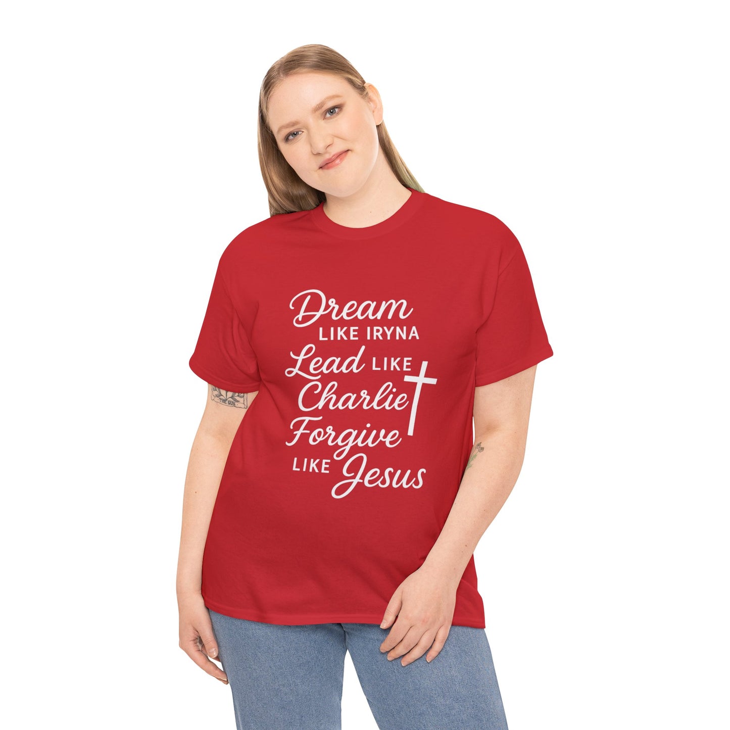 Dream, Lead, Forgive Women's Relaxed Heavy Cotton Tshirt (White Logo)