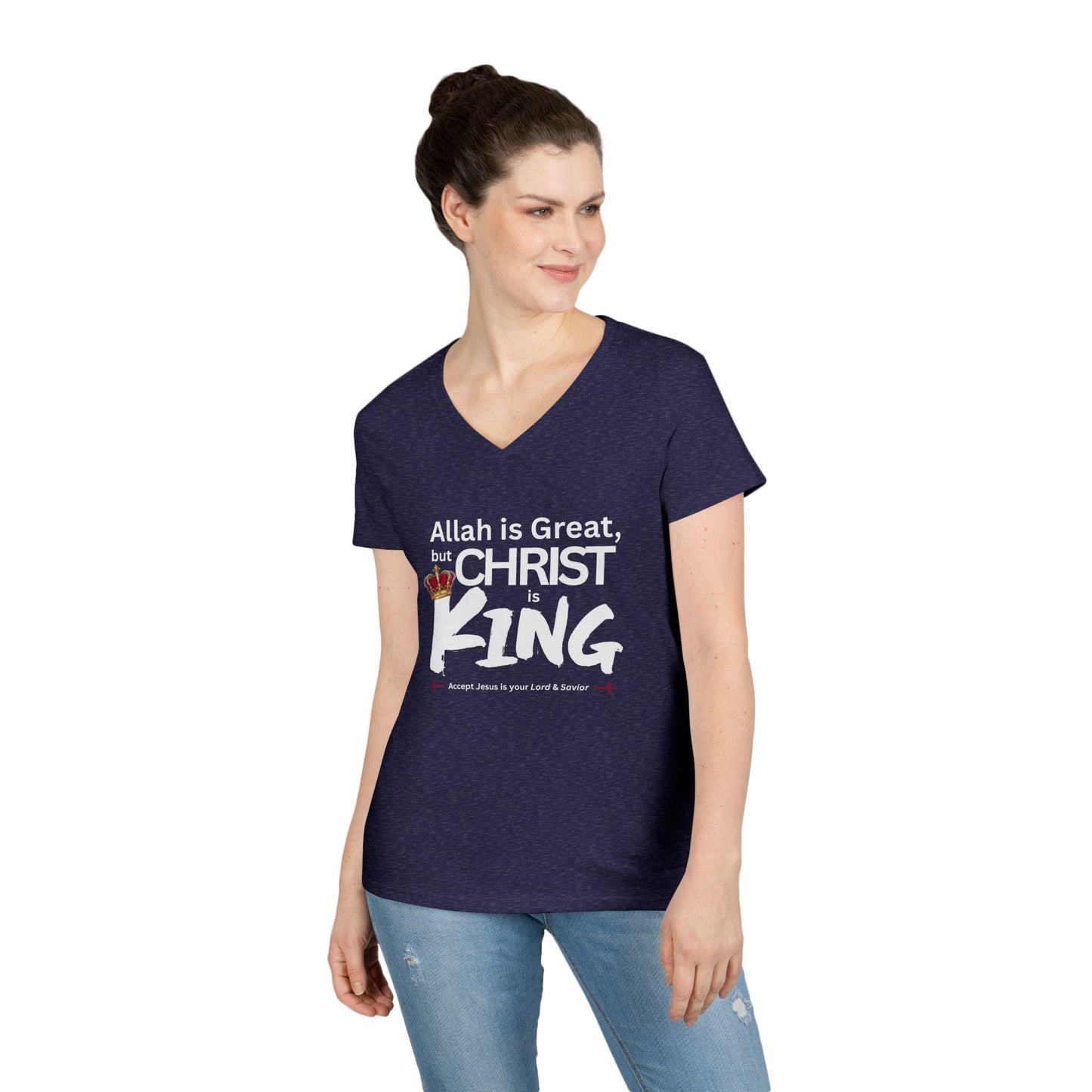 "Christ is King" Women's V-Neck Tshirt (Great Logo - White) - Sweet Baby Jeez Teez