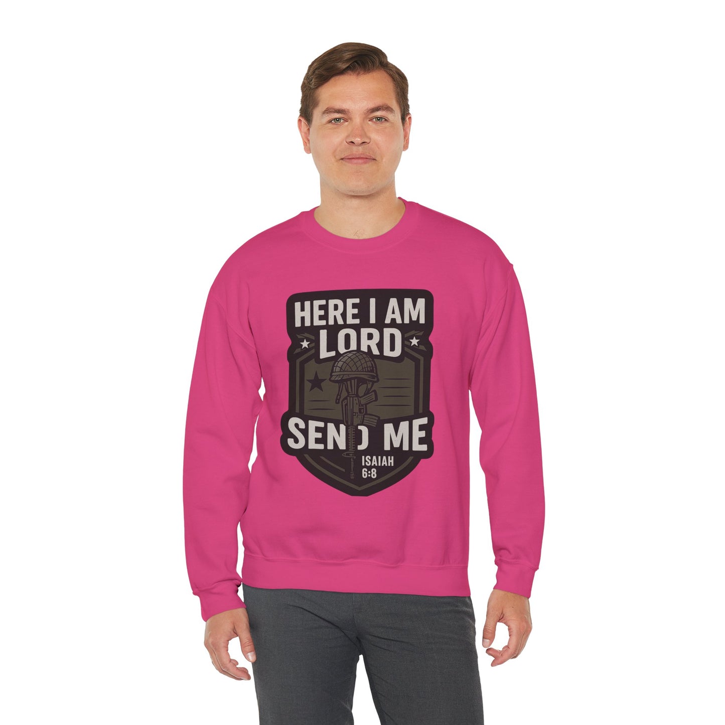 "Here I Am Lord Send Me" Bible Verse Inspirational Faith Sweatshirt (Military Logo)