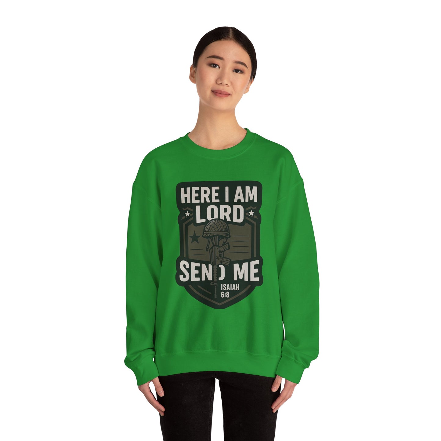 "Here I Am Lord Send Me" Bible Verse Inspirational Faith Sweatshirt (Military Logo)