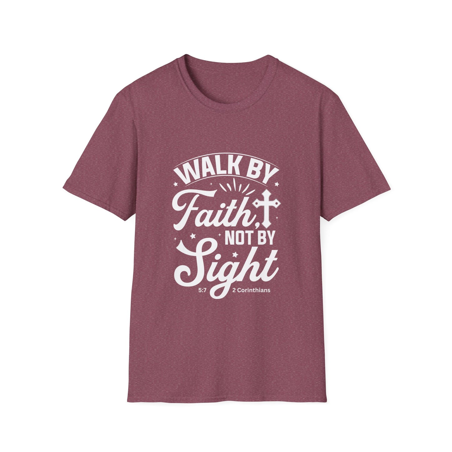 Walk by Faith 2 Corinth. 5:7 Bible Verse Christian Softstyle Tshirt (White Logo)