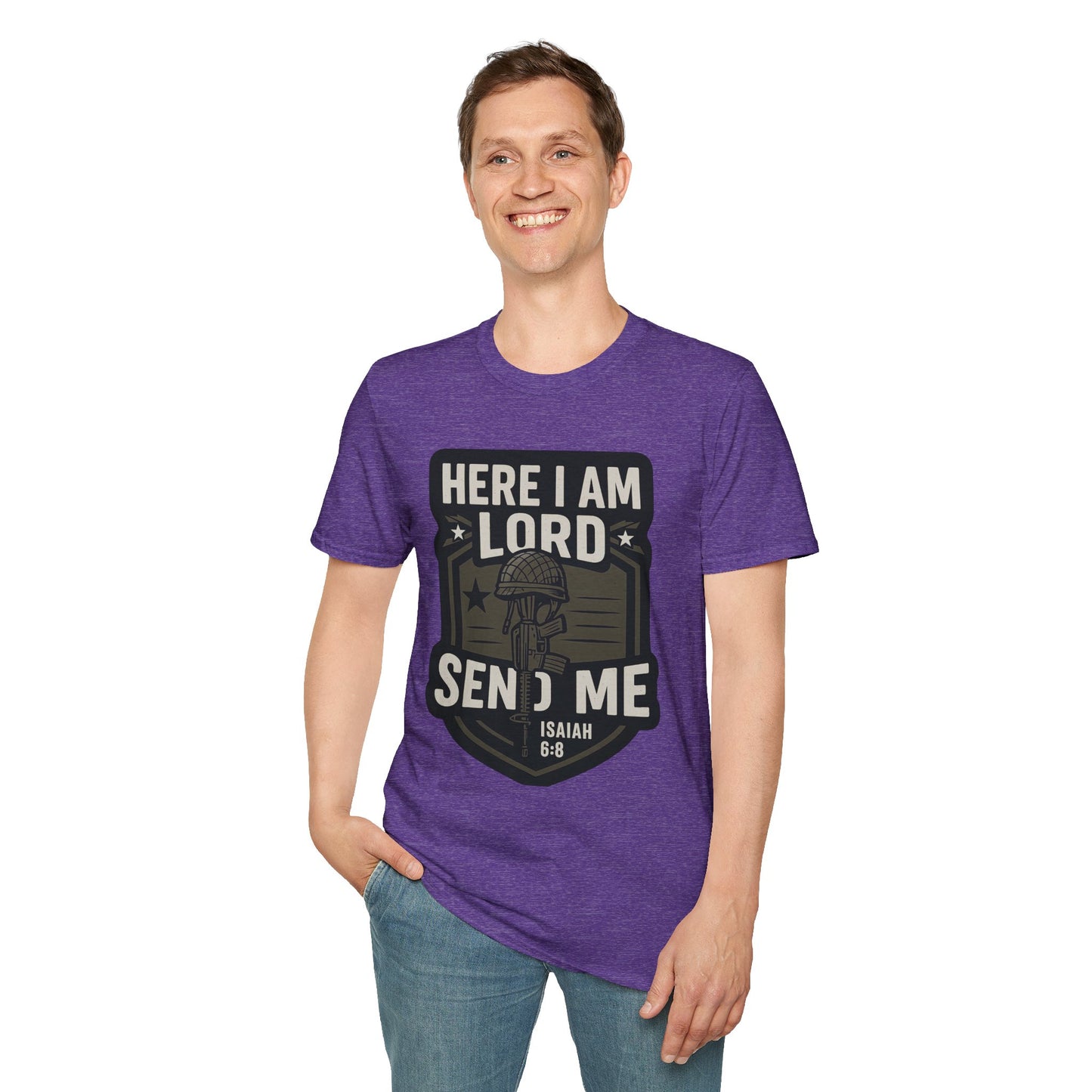 "Here I Am Lord Send Me" Bible Verse Inspirational Faith T-Shirt (Military Logo)