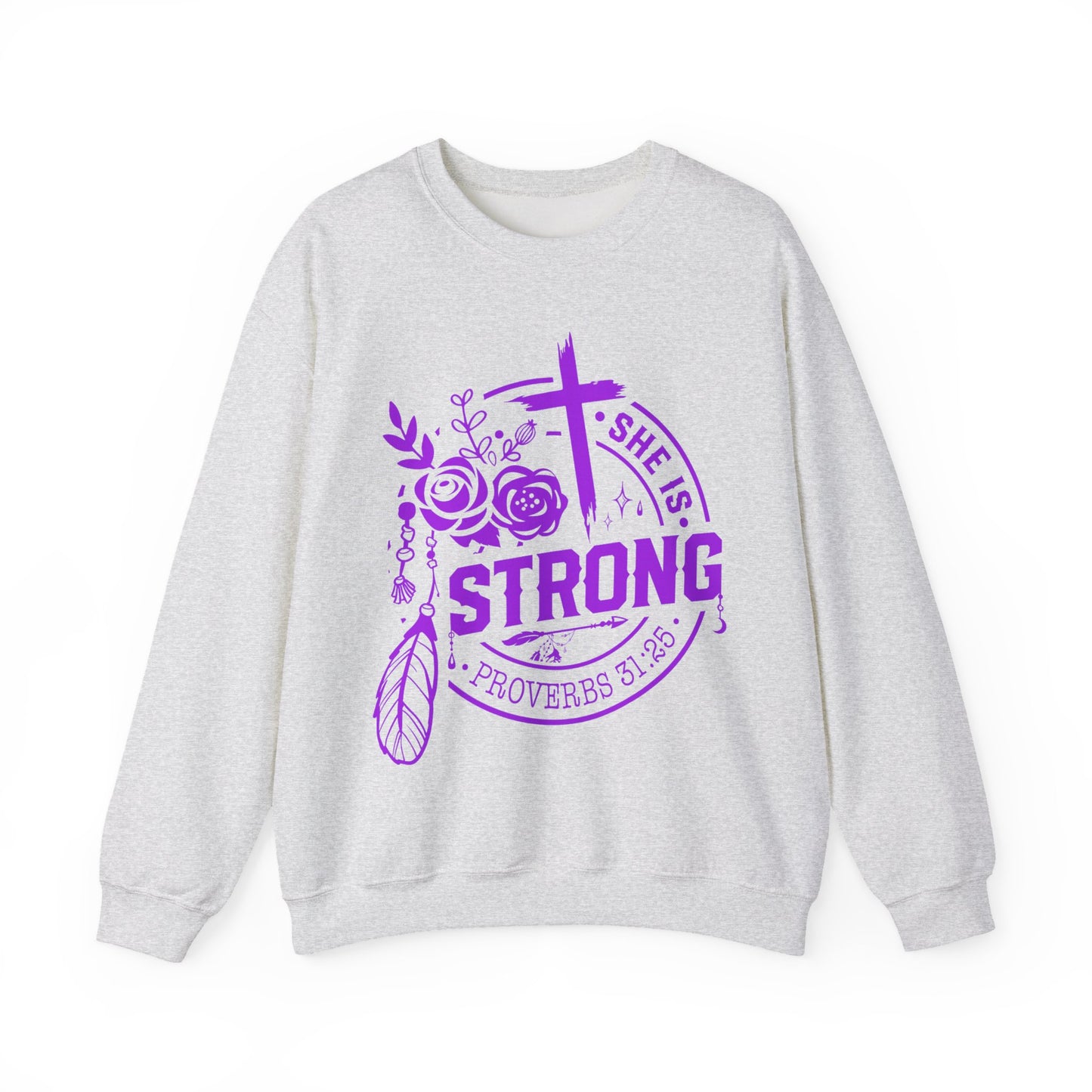 "She is Strong" Proverbs 31:25 Bible Verse Women's Sweatshirt (Hot Pink Logo)