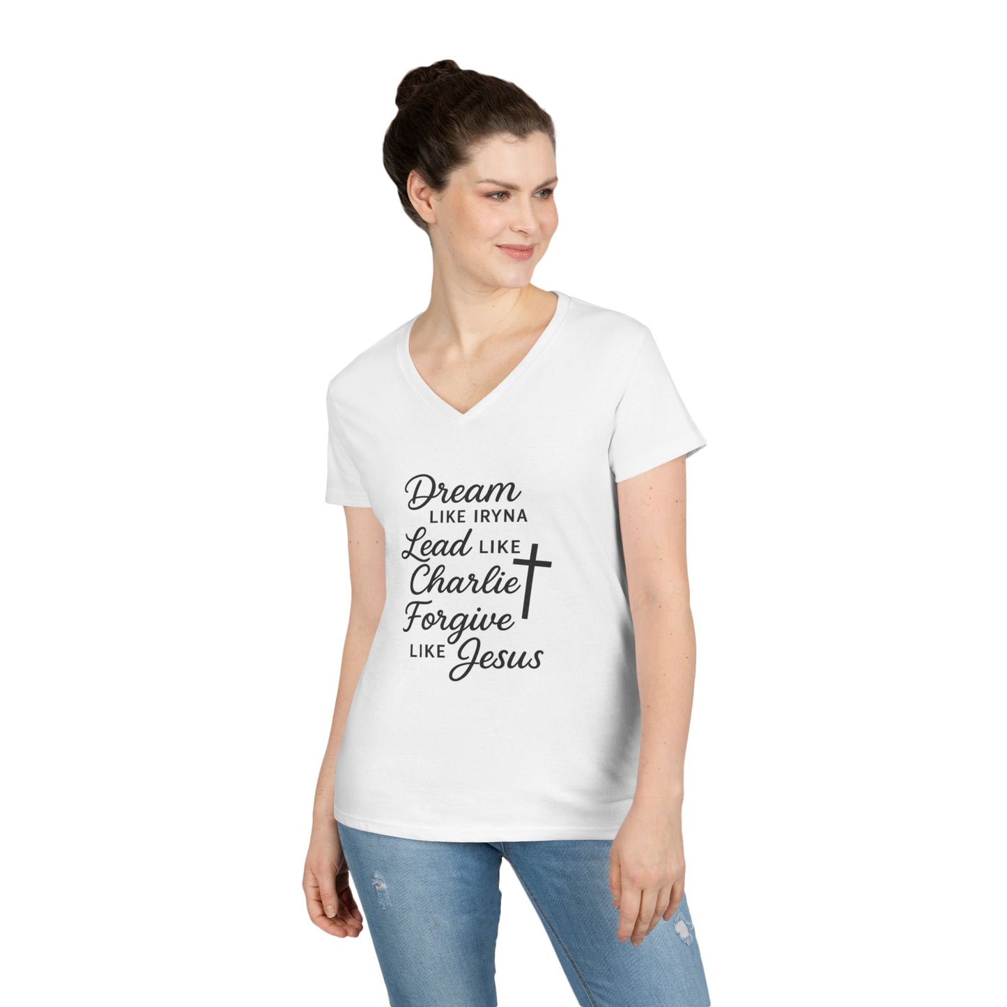 Dream, Lead, Forgive Women's V-neck Semi-Fitted Tshirt (Black Logo)