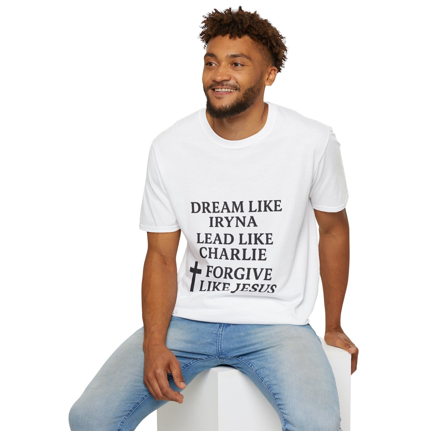 Dream, Lead, Forgive Men's Unisex Softstyle Tshirt (Black Logo)
