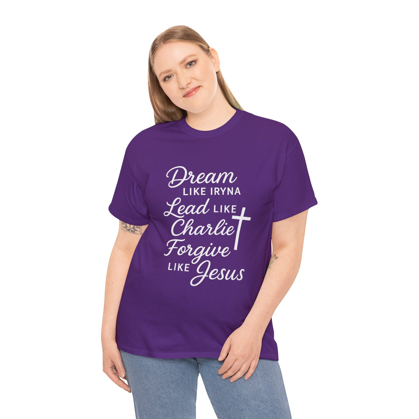 Dream, Lead, Forgive Women's Relaxed Heavy Cotton Tshirt (White Logo)