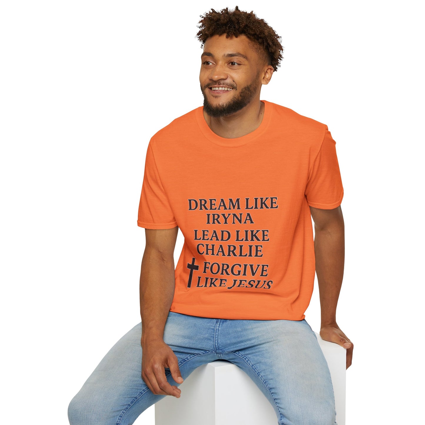 Dream, Lead, Forgive Men's Unisex Softstyle Tshirt (Black Logo)