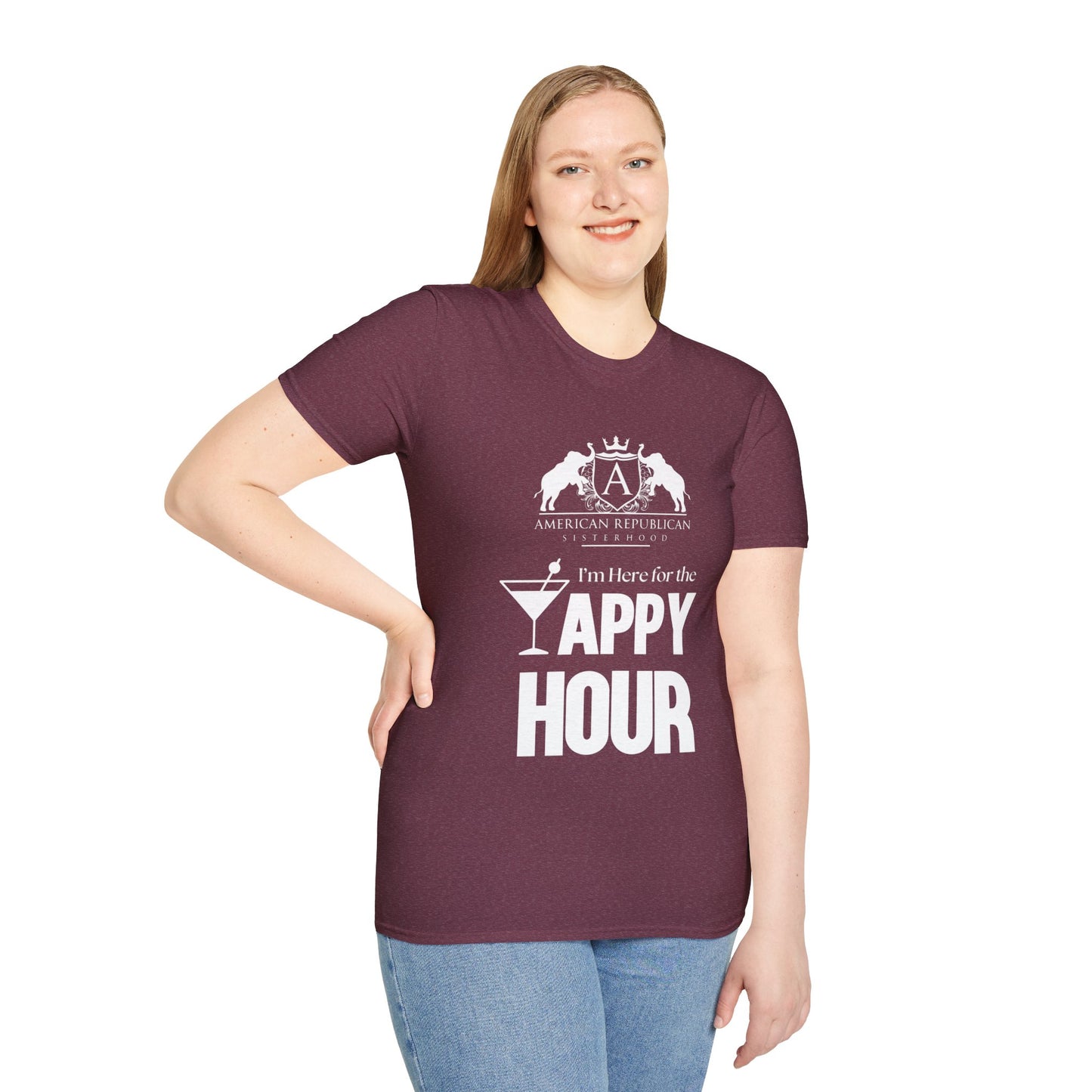 Here for the Yappy Hour Women's Unisex/Relaxed Tshirt (ARS-White Logo) - Sweet Baby Jeez Teez