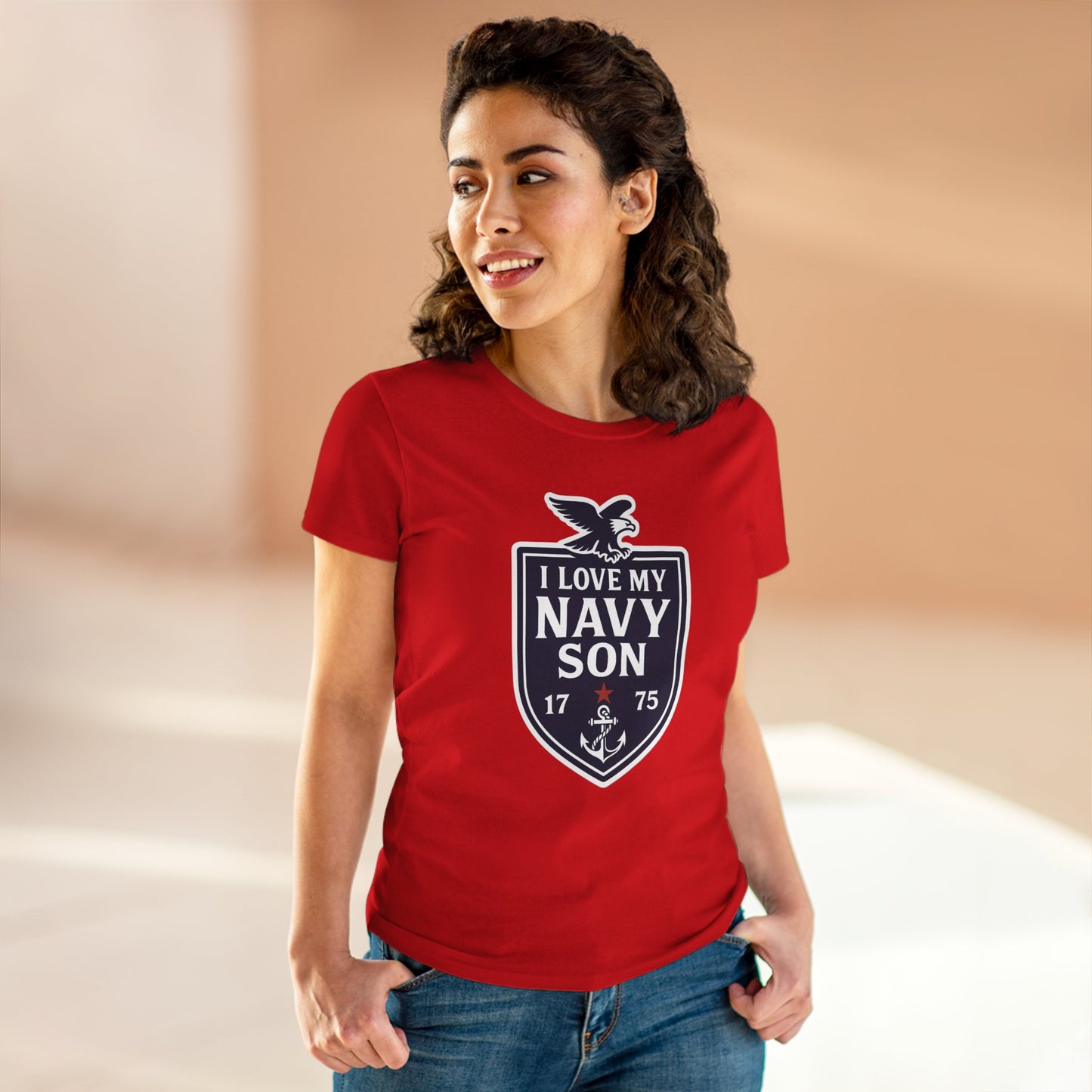 "I Love my Navy Son" Military Pride Patriotic Crest Women's Semi-Fitted Tshirt
