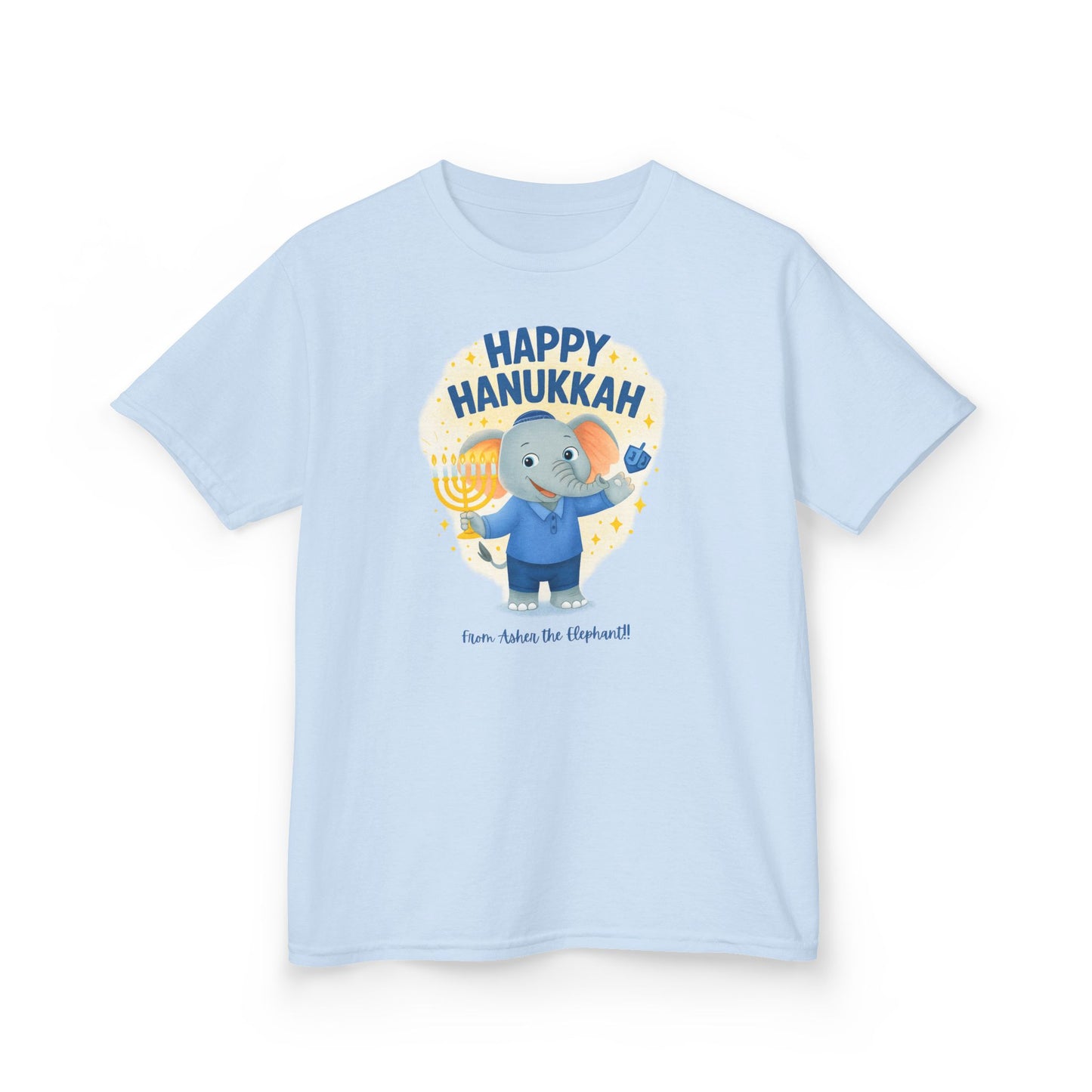 Happy Hanukkah Asher the Elephant Kids Tshirt (Standing Logo)