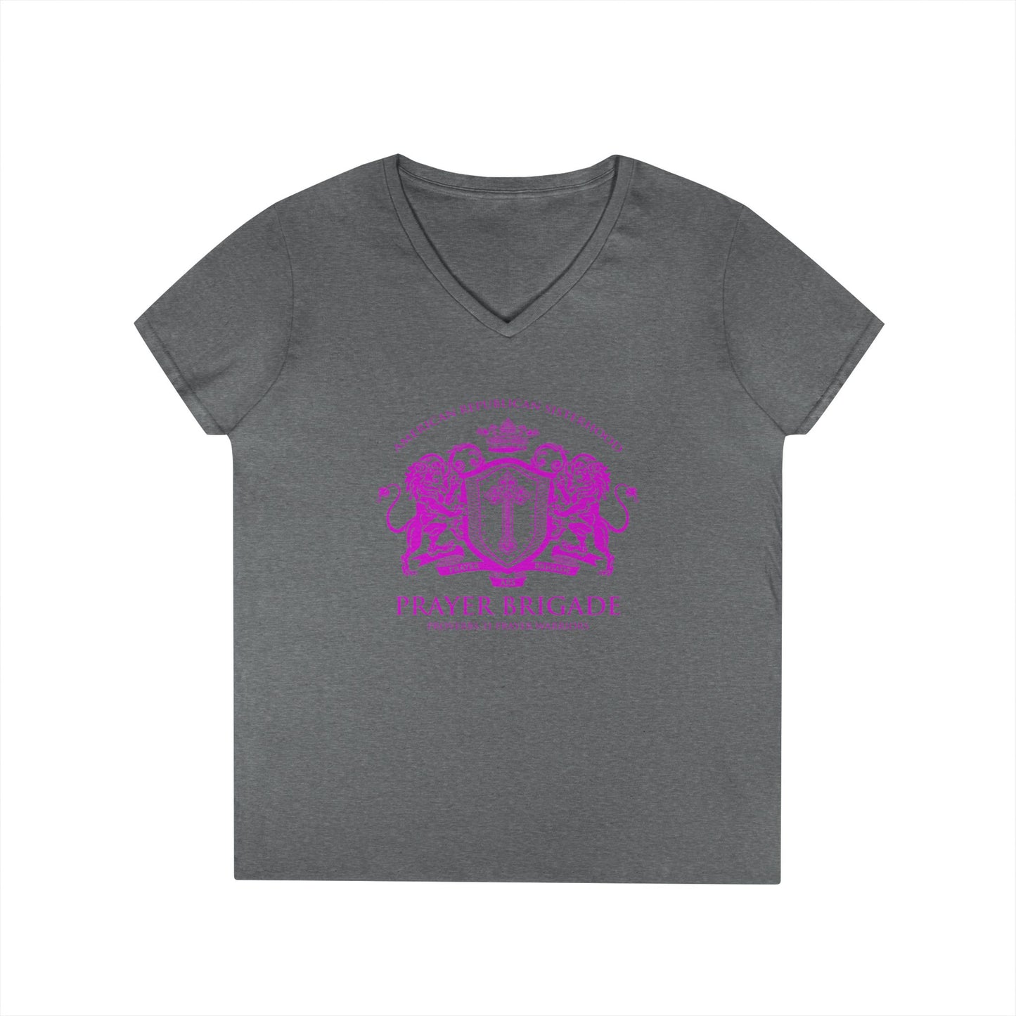 ARS Prayer Brigade Ladies' V-Neck T-Shirt (Dark Gray with Hot Pink Logo)